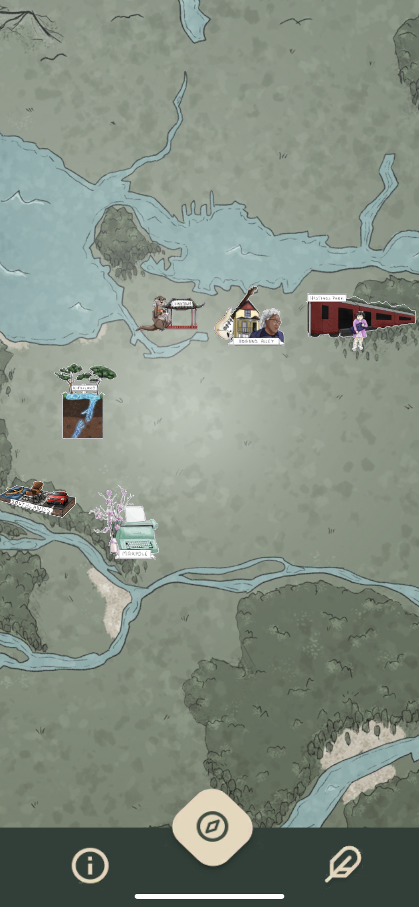 Illustrated map of Vancouver with collage images displaying locations of poems within City Poems app.