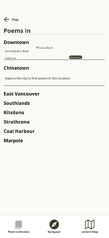 White background with poem collection listing poem areas: Downtown, Chinatown, East Vancouver, Southlands, Kitsilano, Strathacona, Coal Harbor and Marpole are listed in bold
