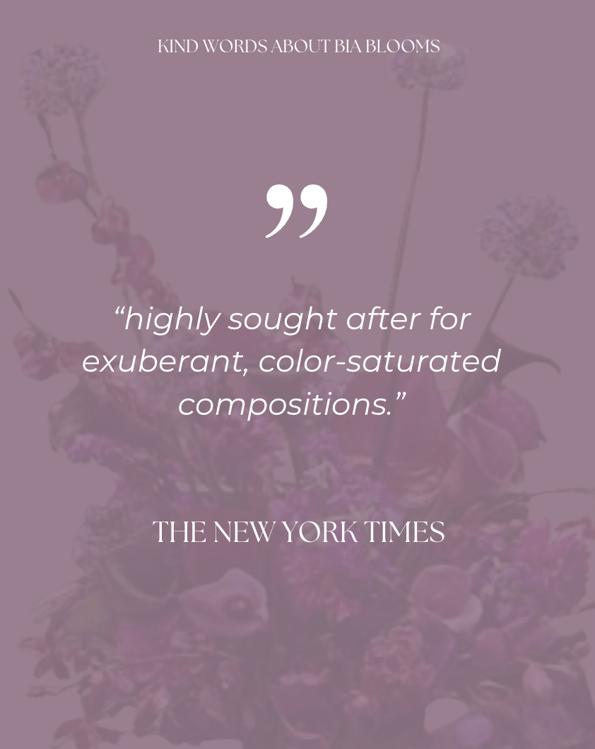 A purple background with a bouquet of flowers and a quote about Bia Blooms from The New York Times.