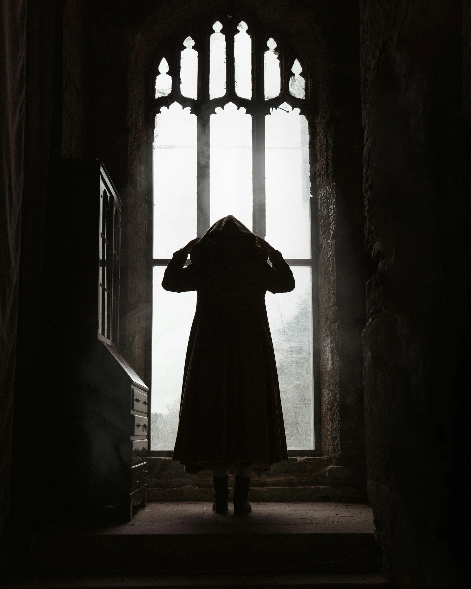A silhouetted figure standing in front of a massive, arched gothic stone window inside a dark room, perfect for dark ambient author brand moodboard photos