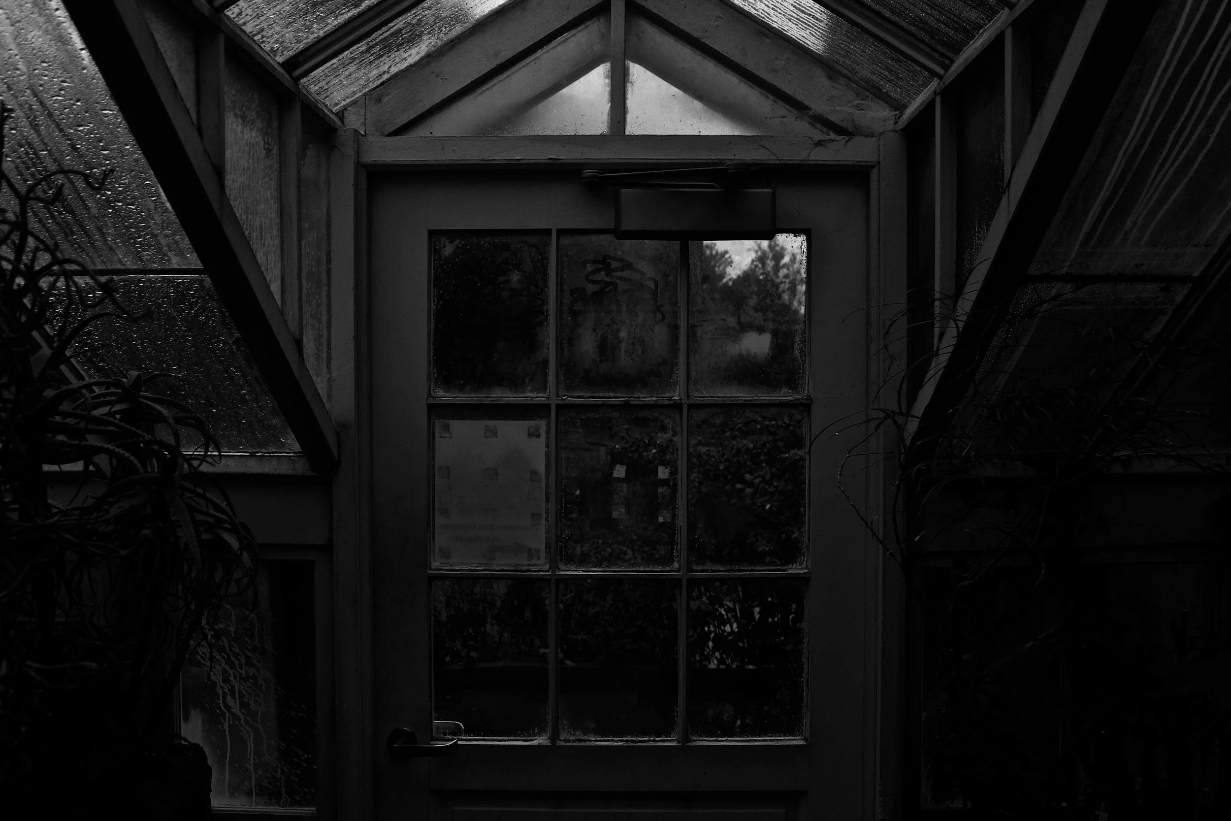 A dark paned glass door in a shadow-drenched room, showing a haunted gothic mood board example for fiction author website design
