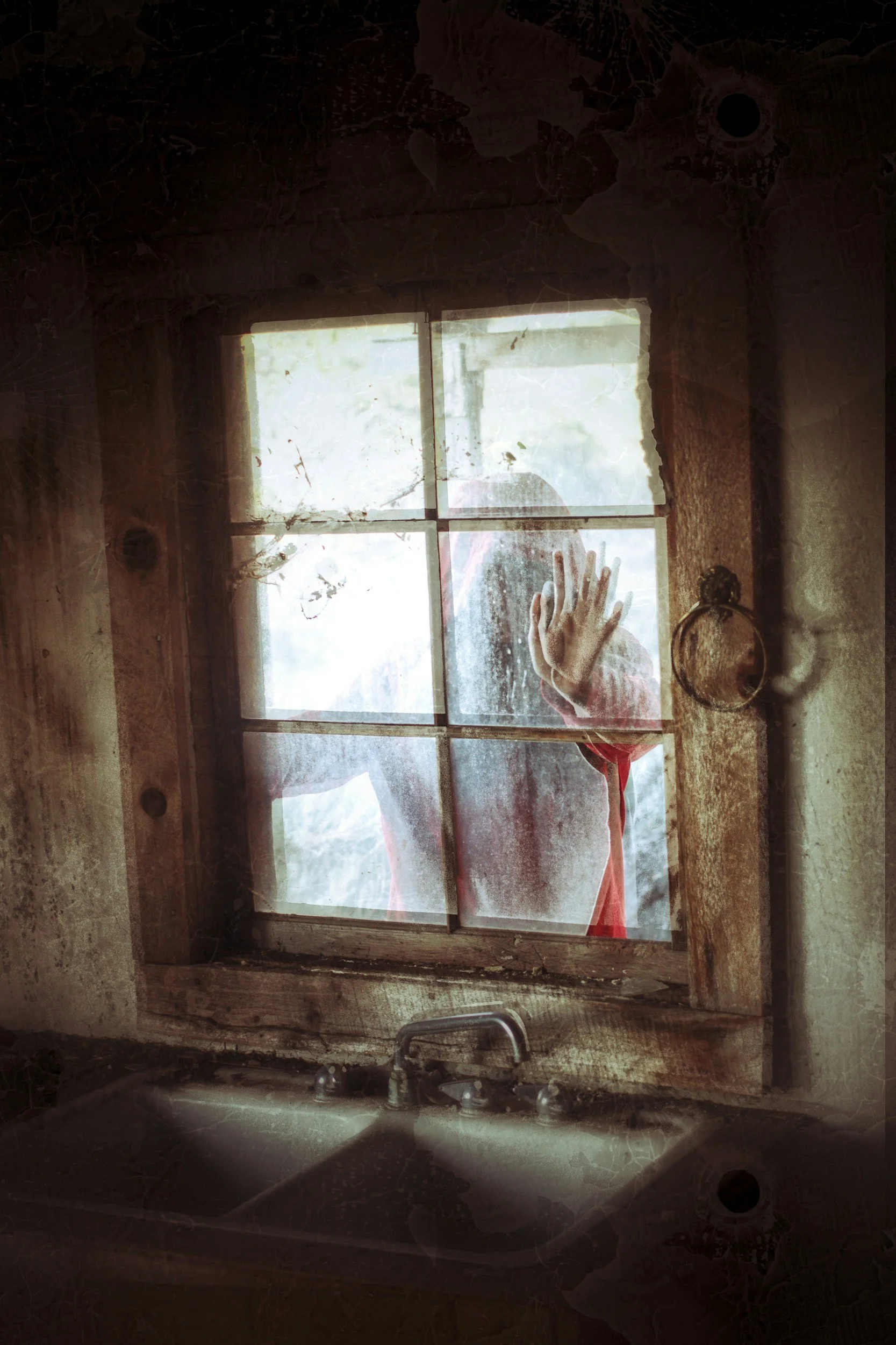 A sinister silhouette of a person with a bloody hand pressed against a gritty, old-fashioned pane glass window for a gothic horror literary look