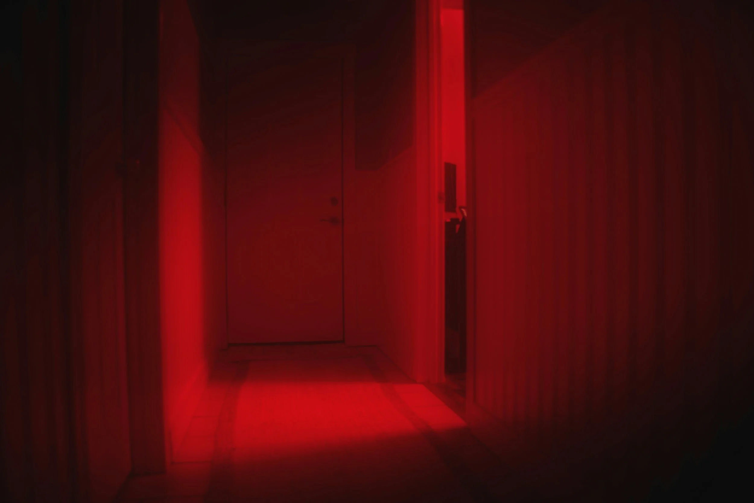 A minimalist, high-contrast hallway flooded with eerie, dramatic red light leading toward a closed door, ideal for modern horror fiction branding