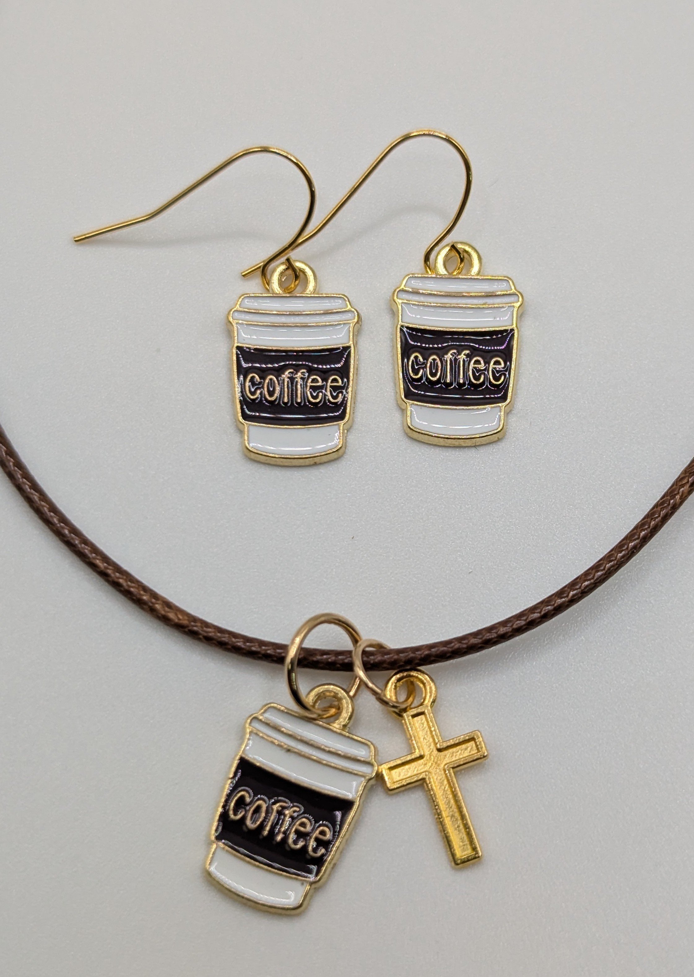 Coffee and Jesus Necklace and Earring Set on brown cord