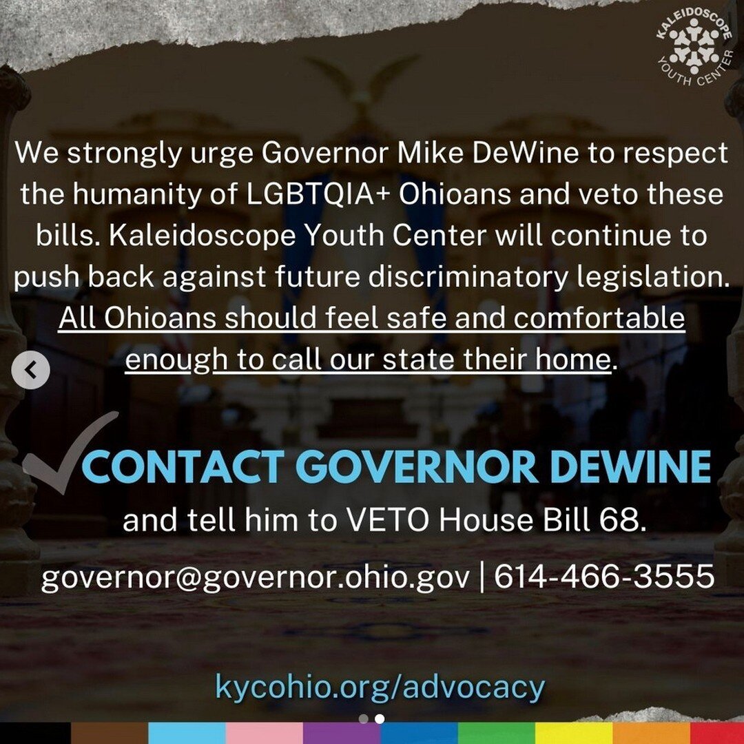 We echo KYC's call for respect for LGBTQIA+ Ohioans. Let's work together to get this bill stopped.

HELP STOP HOUSE BILL 68 FROM BECOMING LAW: Contact Governor Mike DeWine (614-466-3555, governor@governor.ohio.gov) and tell him to VETO H.B. 68. ⬇️