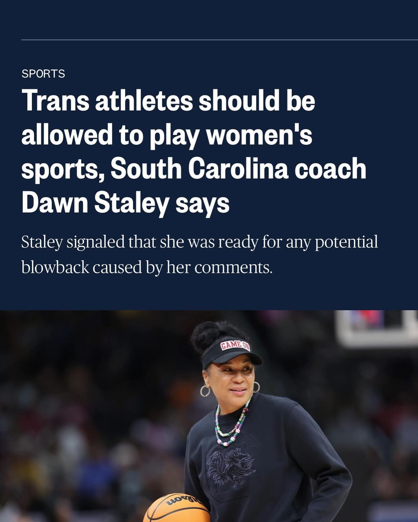 Many thanks to Dawn Staley for taking a stance on trans rights in sports. It&rsquo;s not easy and the temptation to avoid was probably strong. You stood up for what you believe and we appreciate you!! 
❤️🏀🏳️&zwj;⚧️

https://www.nbcnews.com/news/amp