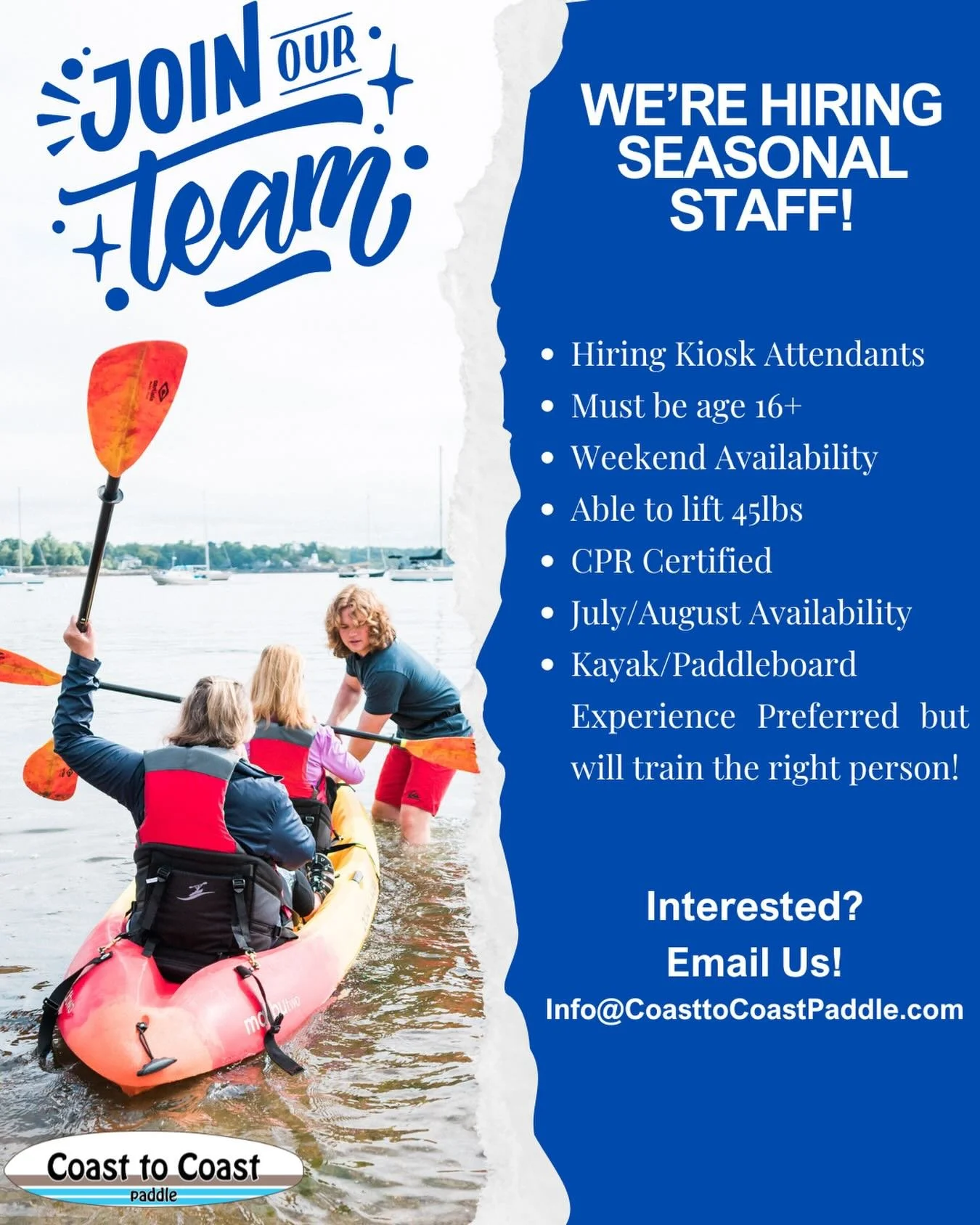 🌊 WE&rsquo;RE HIRING! ☀️

Love being on the water? Looking for a fun summer job with an awesome crew? Coast to Coast Paddle is looking for seasonal staff for July &amp; August! 

We&rsquo;re looking for team members who:
☀️ Are 16+
☀️ Have weekend a