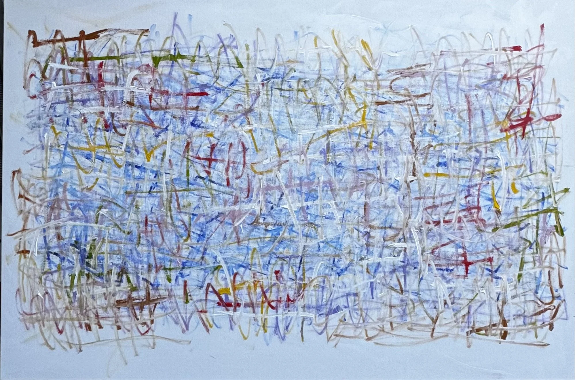 Abstract artwork with colorful scribbles and lines in various colors including blue, red, yellow, green, and purple on a white background.