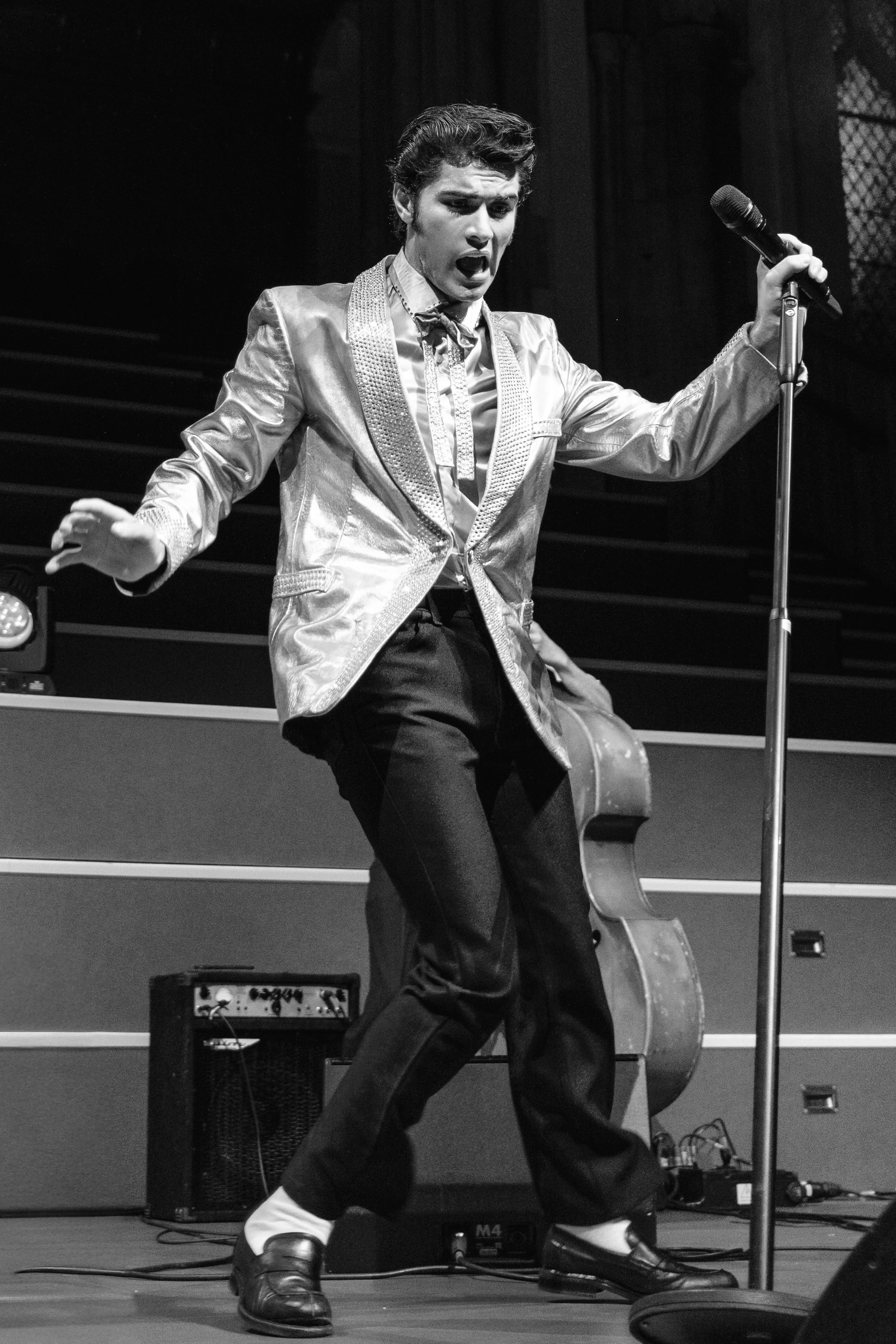 Emilio Santoro performing as Elvis Presley on stage at The Halls Norwich during his 2026 concert.