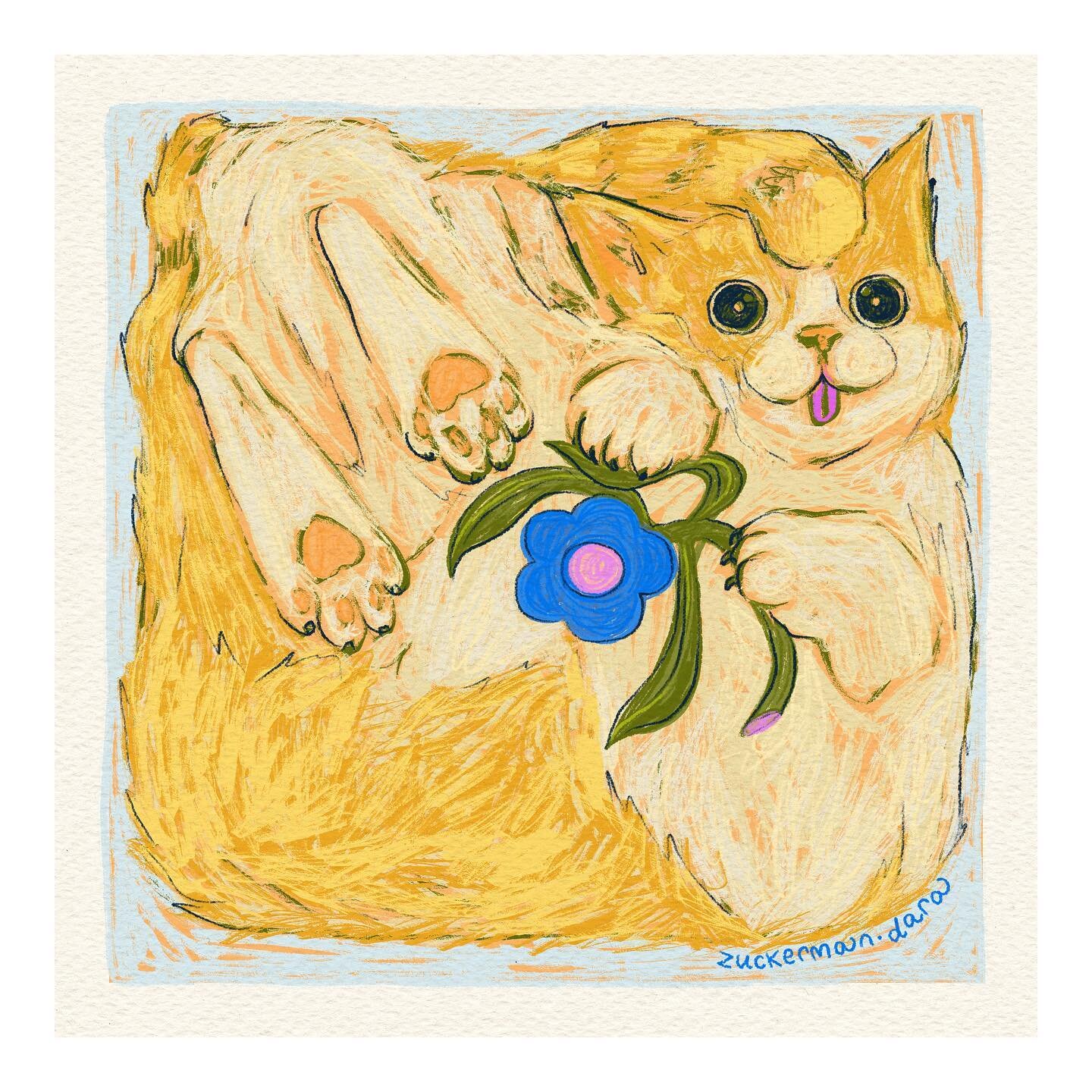 A cat! 🐈🌻💛
.
.
.
.
#cat #catsofinstagram #yellowcat #orangecat #blueflowers #squishy #squish #sketchbook #mixedmedia #surrealism  #acrylicpaint #smallbusiness  #coloredpencil #illustrator #drawing #catdrawing #womenofillustration #womenwhodraw #wo