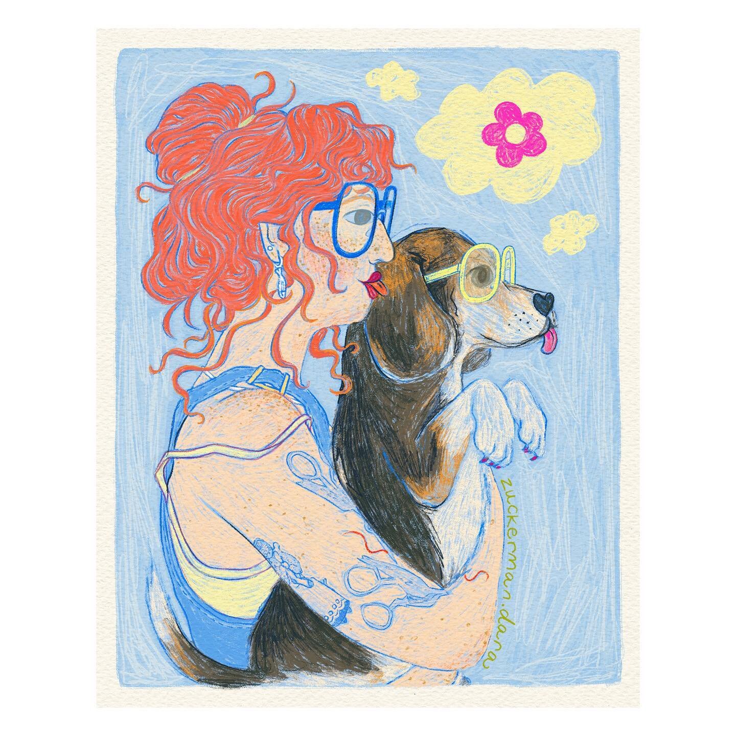 If you&rsquo;re not drawing idealized versions of you and your perfect dog being dope as hell, what are you doing? 🐶👩&zwj;🦰💙
.
.
.
.
#dogportrait #dogsofinstagram #beagle #beaglesofinstagram #dogportraits #petportrait #sketchbook #mixedmedia #sur