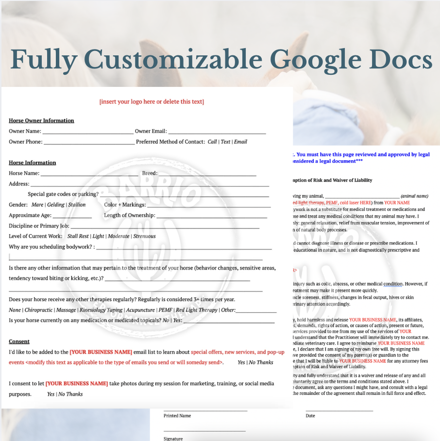 Paper/Printable Equine Bodyworker Intake Form & Liability Release Template