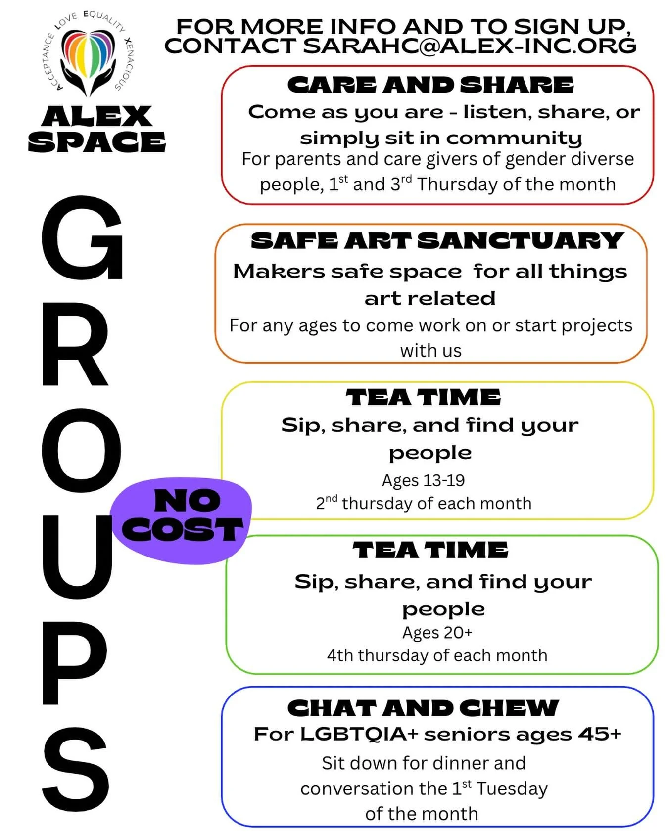 Here is our current completed program list! For more information or if something catches your eye and you&rsquo;d like to sign up for a group, please contact sarahc@alex-inc.org via email! 

#ct #connecticut #connecticutshoreline #safespace #art