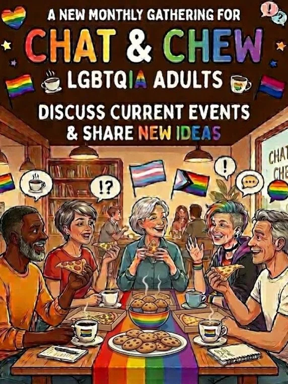 ☕🍕 Introducing Chat &amp; Chew &mdash; a brand new monthly gathering for LGBTQIA+ Adults 45+! 🌈

Join us for good food, great conversation, and community connection. Discuss current events, share new ideas, and meet others who get it.

📍 ALEX Inc.