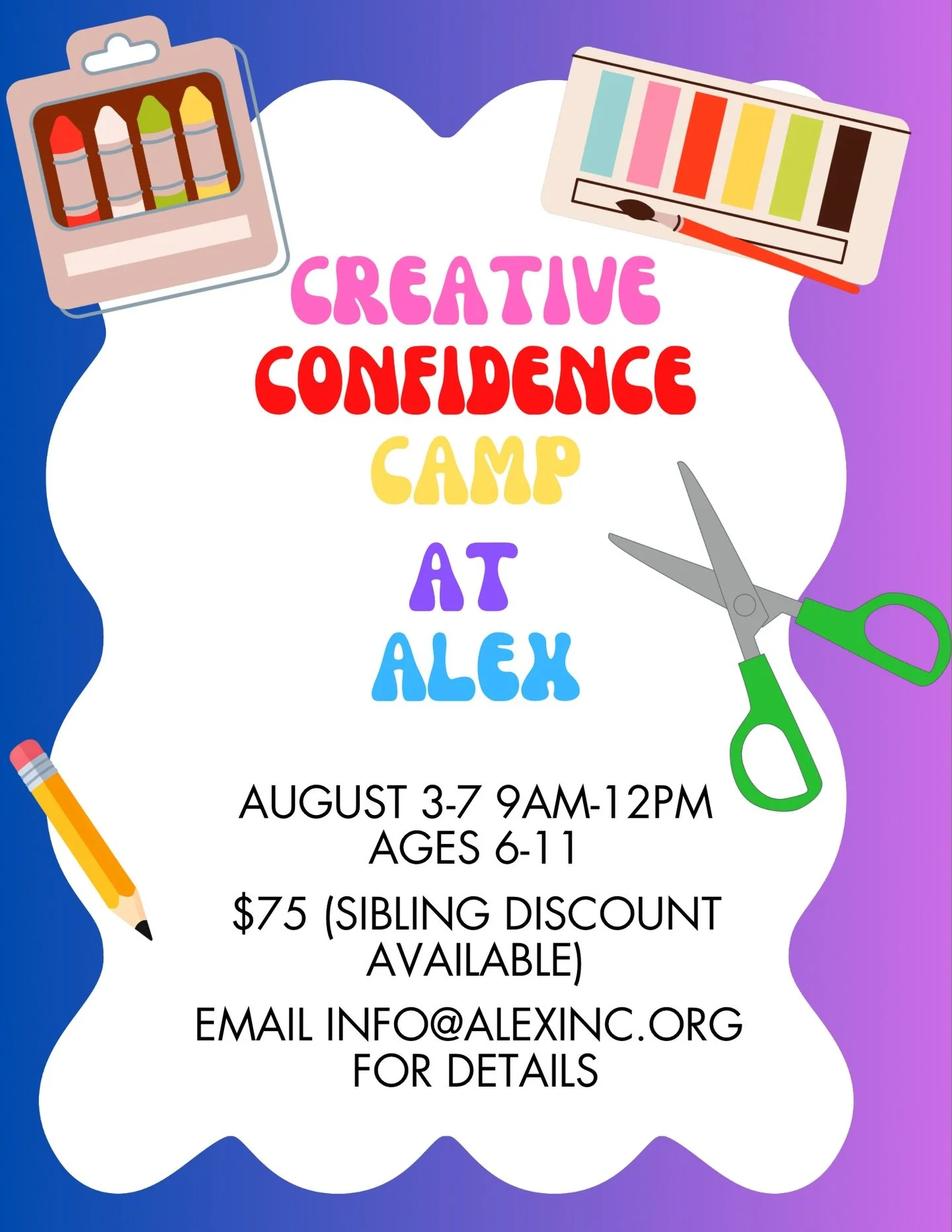 A welcoming, small-group camp focused on connection, creativity, and building friendships.

Limited Spots Available

Sign up link in Bio 

Want more info?
info@alex-inc.org