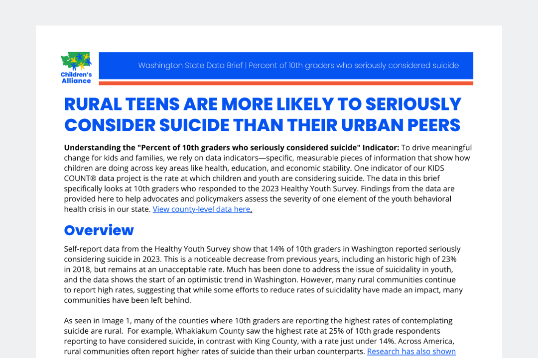 KIDS COUNT® DATA BRIEF: RURAL TEENS ARE MORE LIKELY TO SERIOUSLY CONSIDER SUICIDE THAN THEIR URBAN PEERS