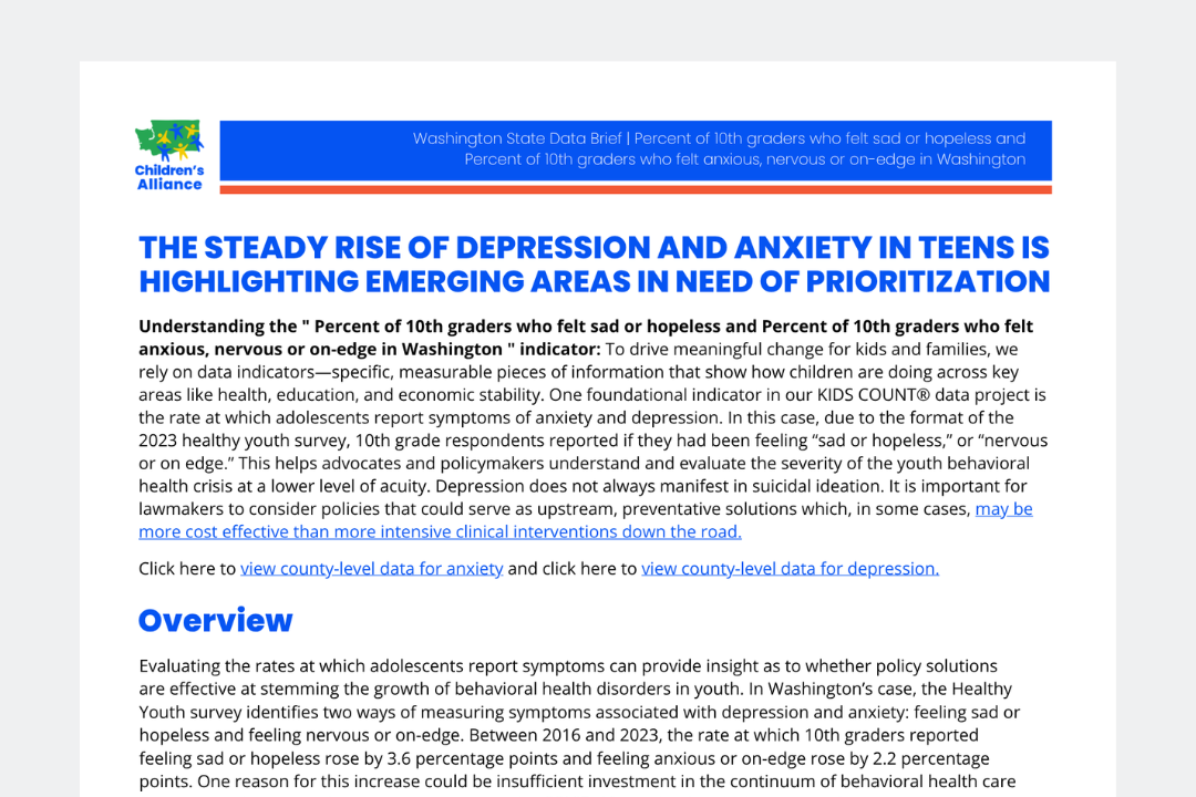 KIDS COUNT® DATA BRIEF: THE STEADY RISE OF DEPRESSION AND ANXIETY IN TEENS IS HIGHLIGHTING EMERGING AREAS IN NEED OF PRIORITIZATION