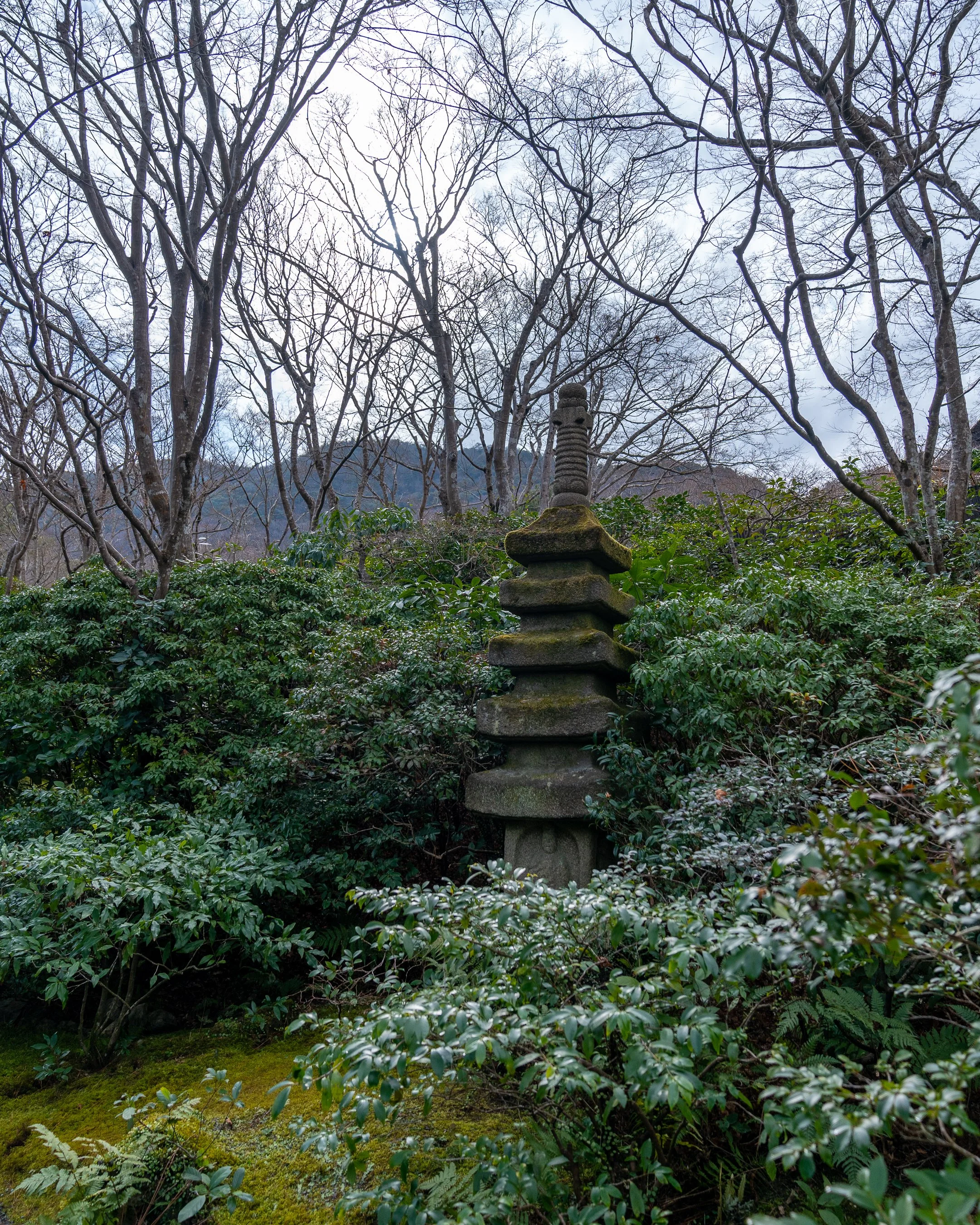 A moss-covered stone pagoda surrounded by lush green bushes in a wooded area with leafless trees and mountains in the background.