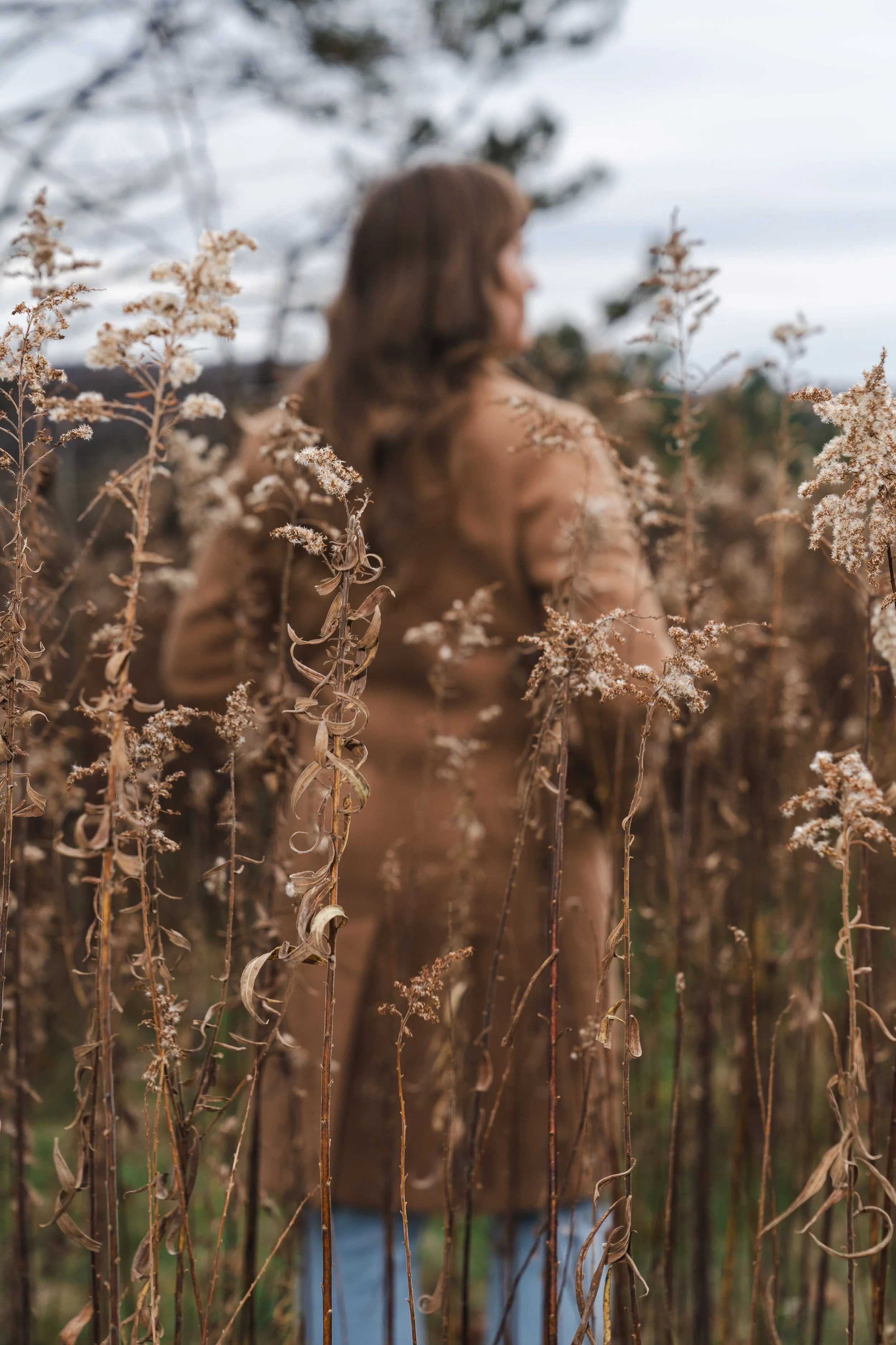 Blurred woman with brown hair standing behind dried tall plants outdoors on a cloudy day.