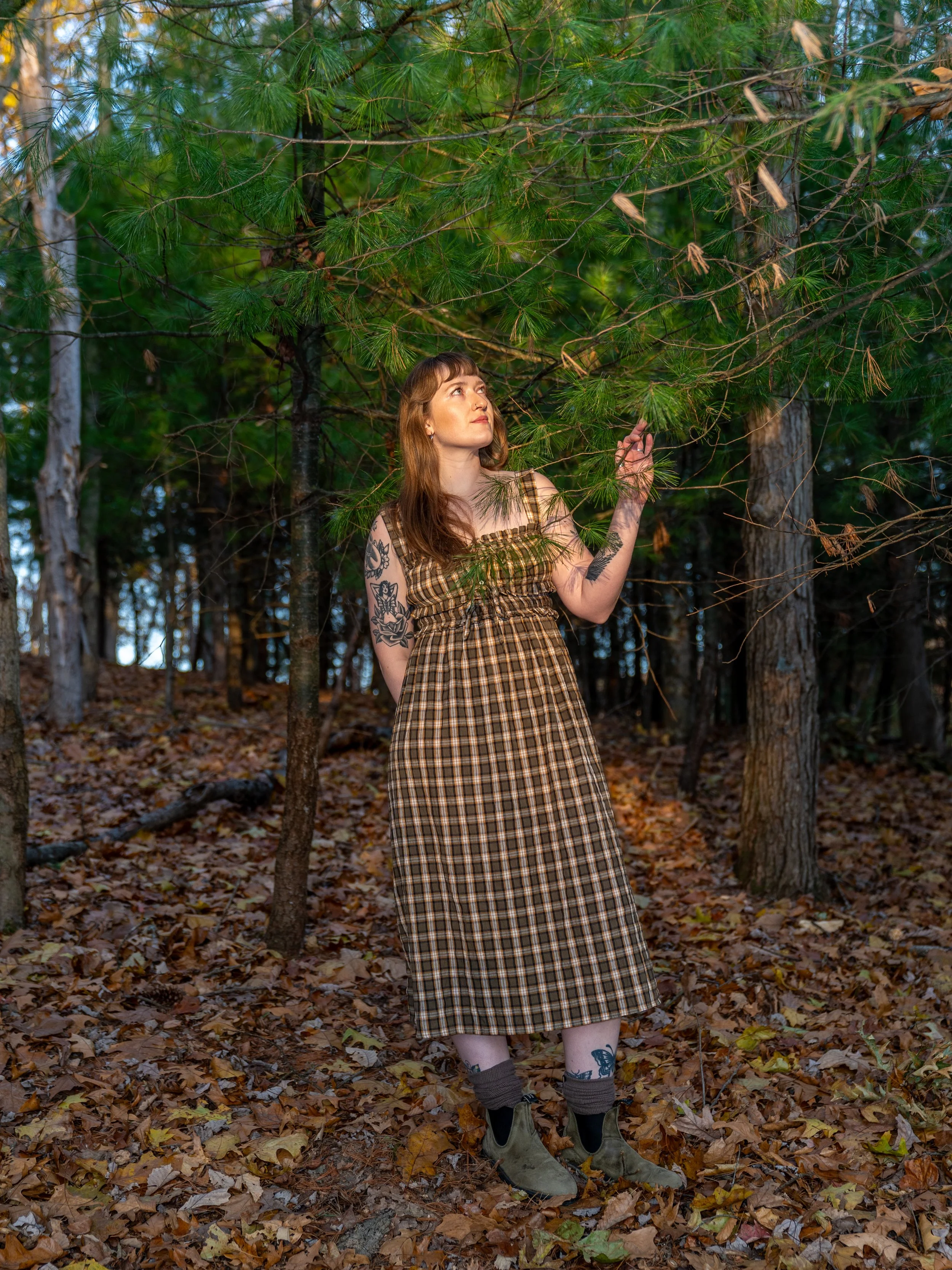 A woman with long brown hair and tattoos on her arm standing in a forest, looking up at the green pine branches above her. She wears a plaid dress, boots, and has grey socks with tattoos of butterflies and a flower on her legs. The forest floor is co