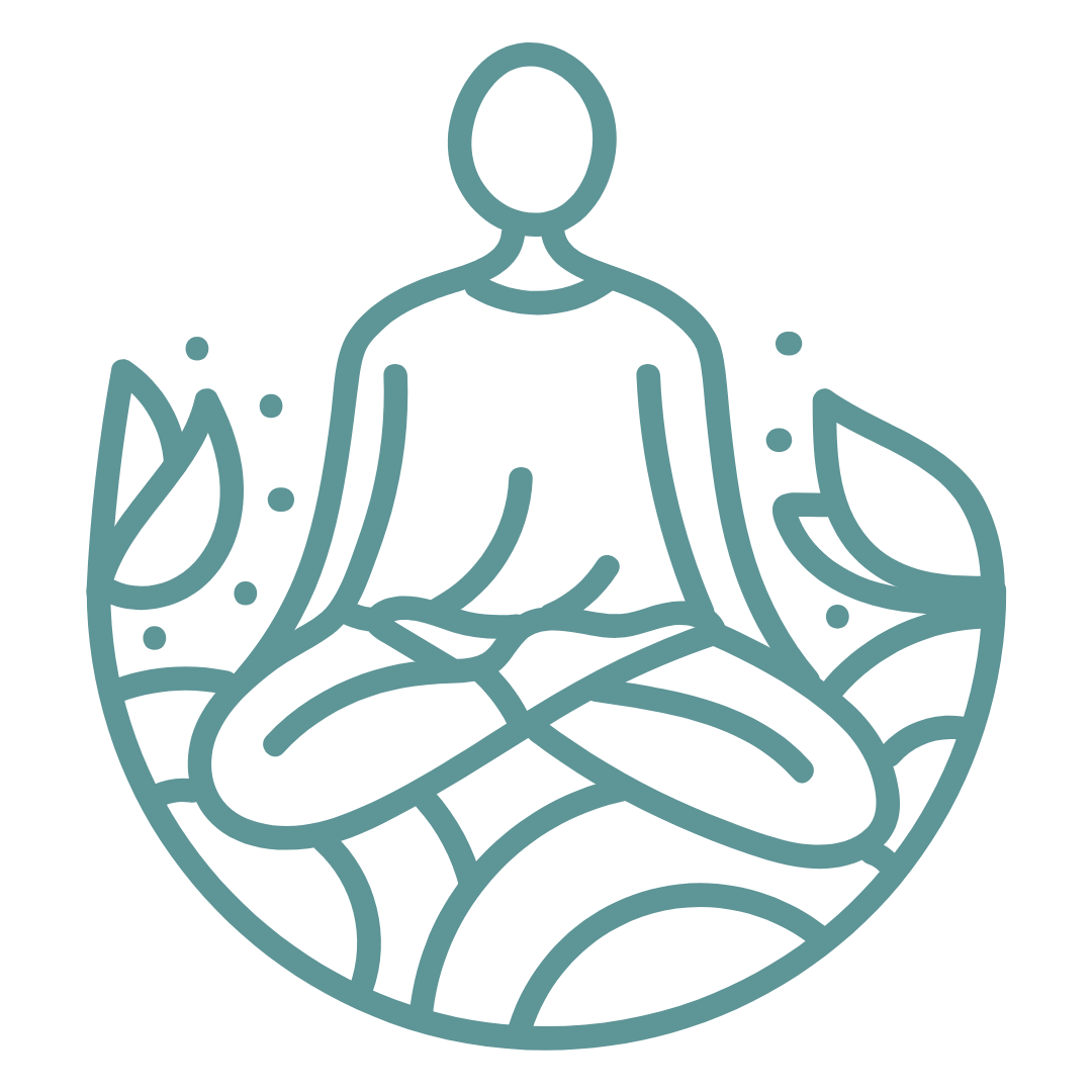 Line drawing of a person meditating in a lotus position, seated on a large leaf with smaller leaves and dots around.