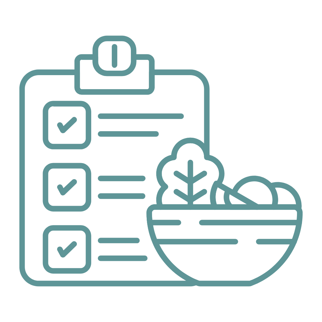 Outline of a clipboard with checkmarks and a bowl of vegetables with a leafy vegetable on top.