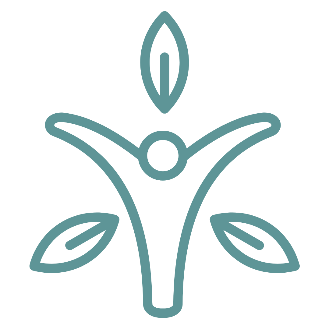 Line drawing of a woman with her arms raised, leaves, and a leaf above her head, symbolizing growth, health, and natural wellness.