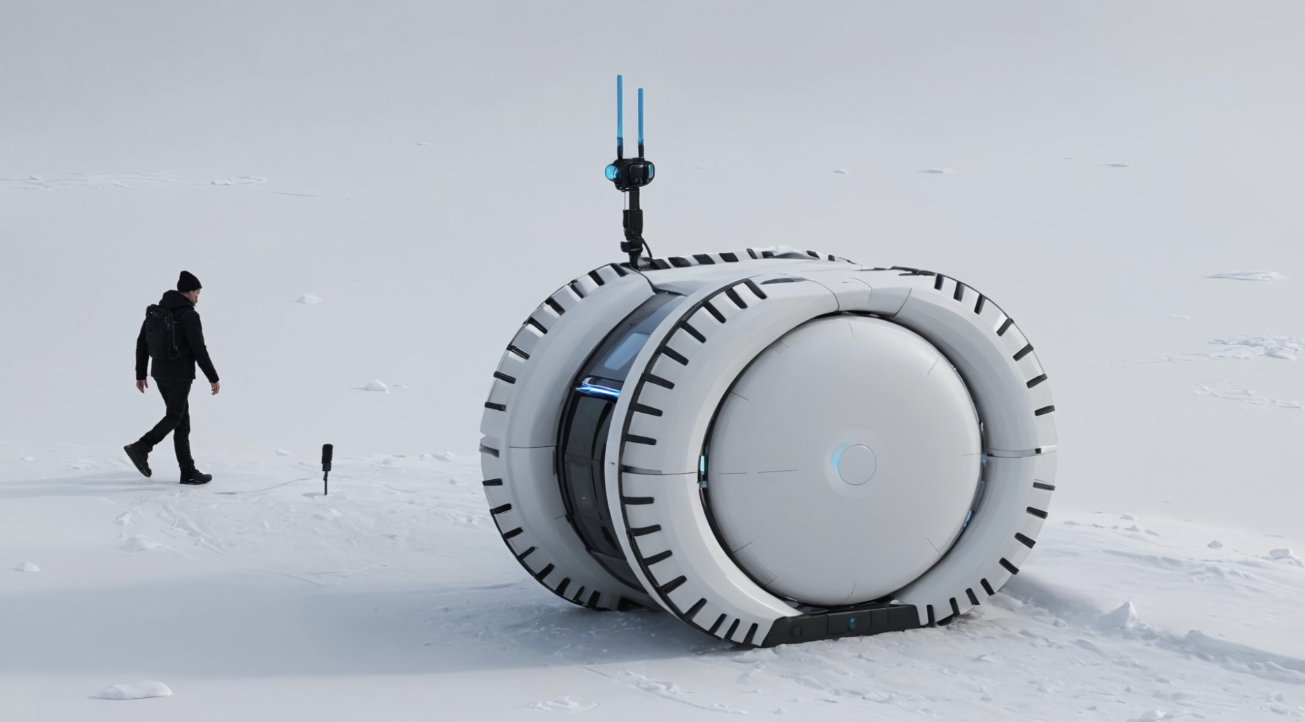 Futuristic mobile shelter in snow with person walking nearby, wearing winter attire, in a snowy, barren landscape.