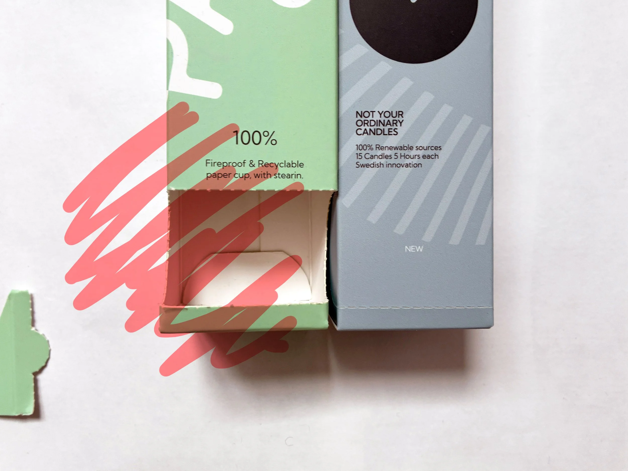 Two prototypes to a new innovation, fiberbased candles, 'NOT YOUR ORDINARY CANDLES,' mentioning renewable sources and Swedish innovation. Designed by TBD Studios Stockholm Uppsala.