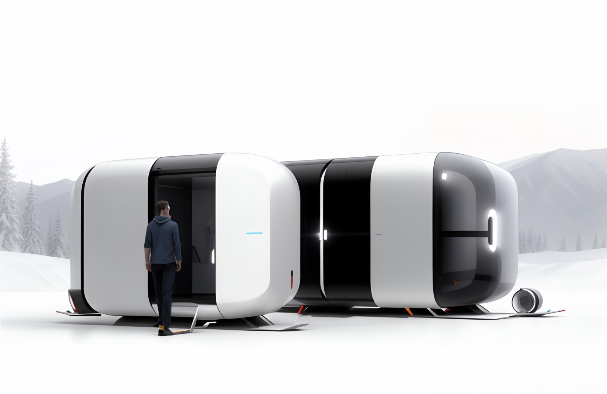 Modern futuristic pods in a snowy landscape