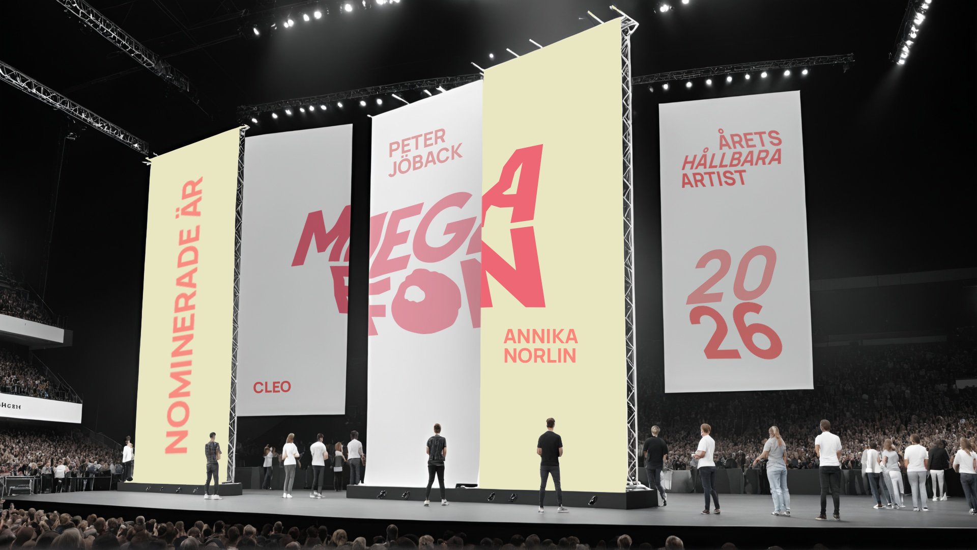 A large indoor concert or event venue with multiple vertical screens displaying text and graphics, and people standing on stage in front of the screens. Artister för miljön, visual identity by TBD Studios, To Be Designed.