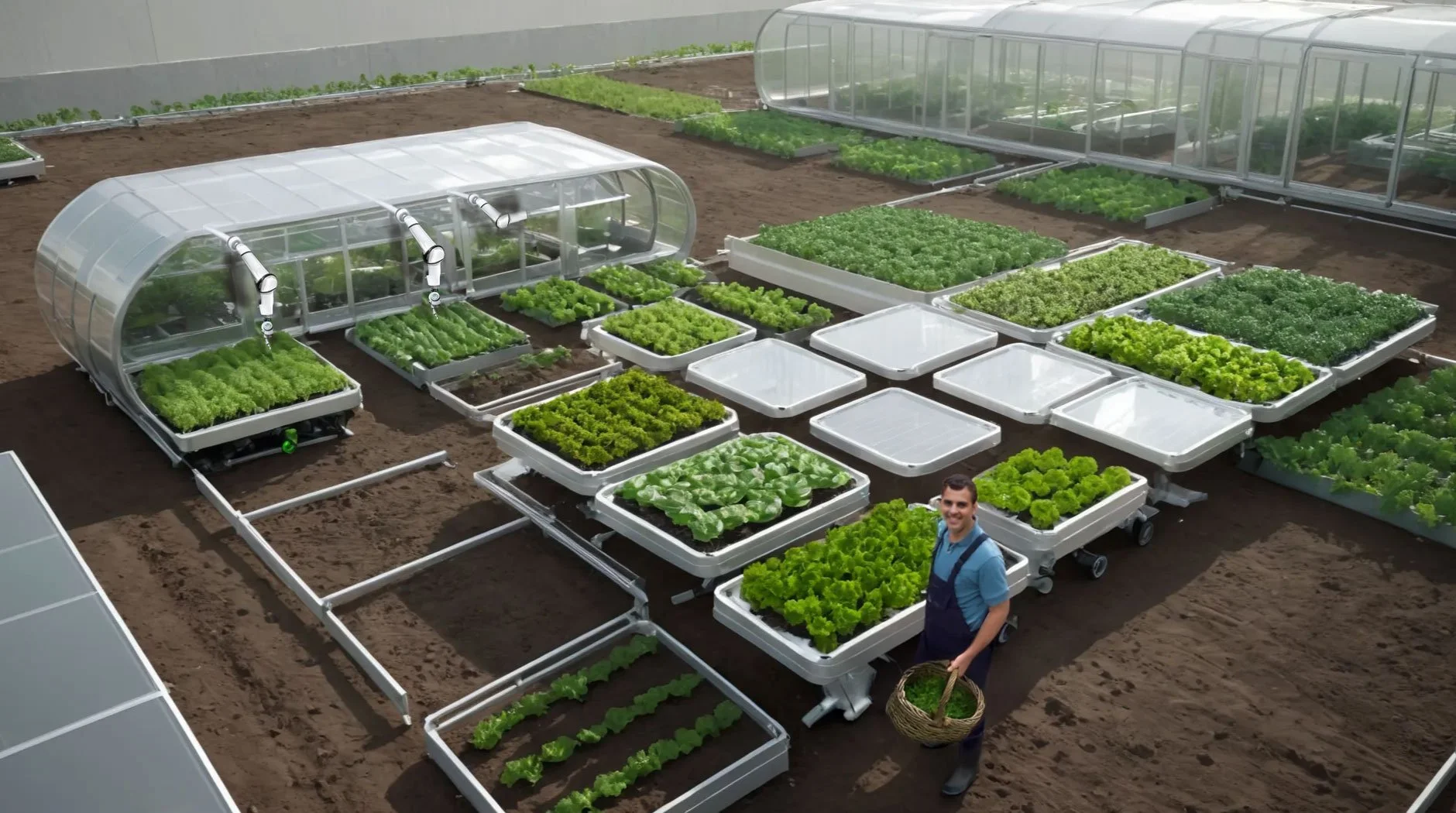 En person står i ett växthus omgivet av planteringsbrickor med bladgrönsaker. Bilden illustrerar Välfärdstjänst – ett spekulativt koncept där medborgare deltar aktivt i samhälle och välfärd, av TBD Studios, To Be Designed.