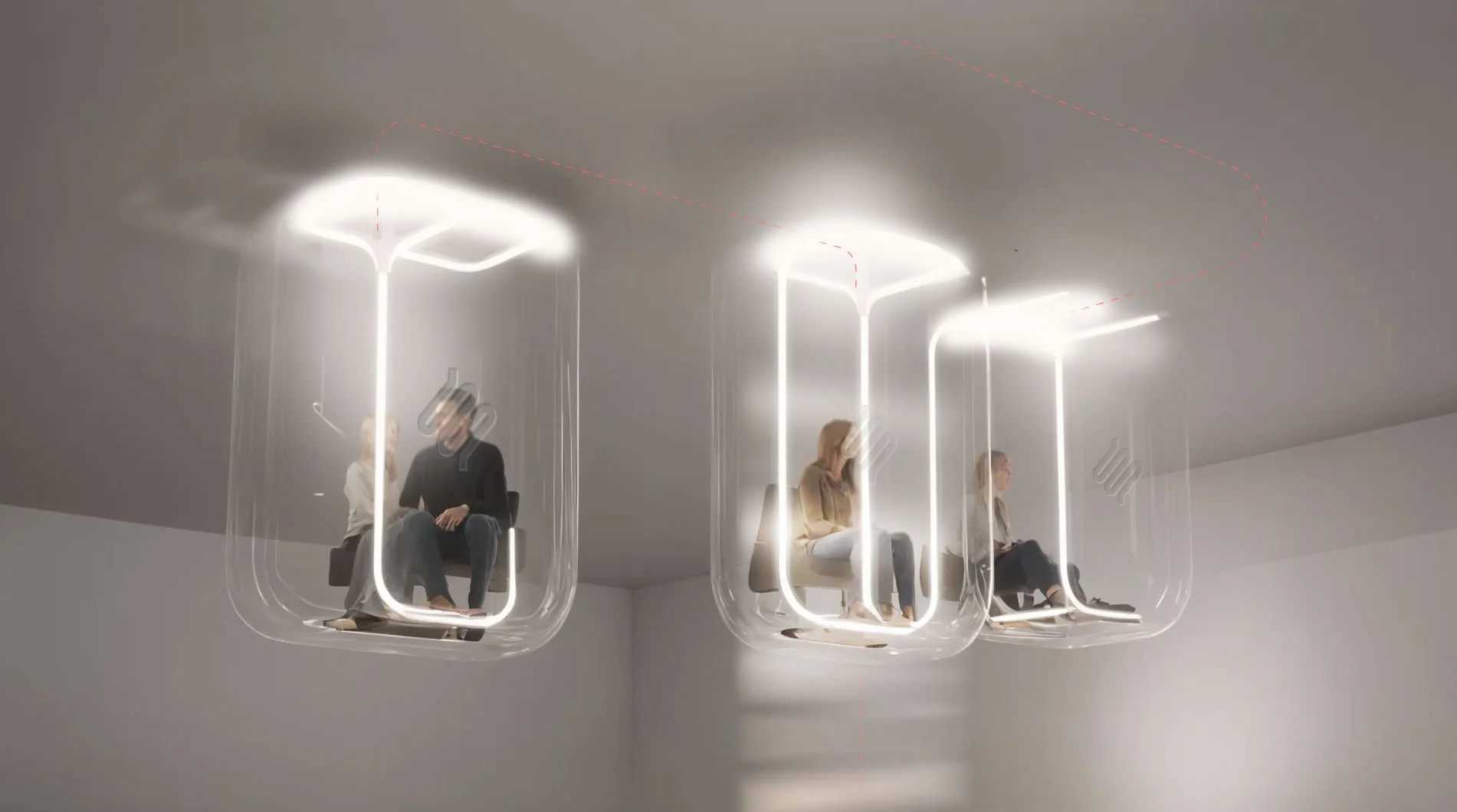 Future of mobility, three floating interconnected travel pods with people inside waiting to move. speulative futures design by TBD Studios Stockholm Uppsala.