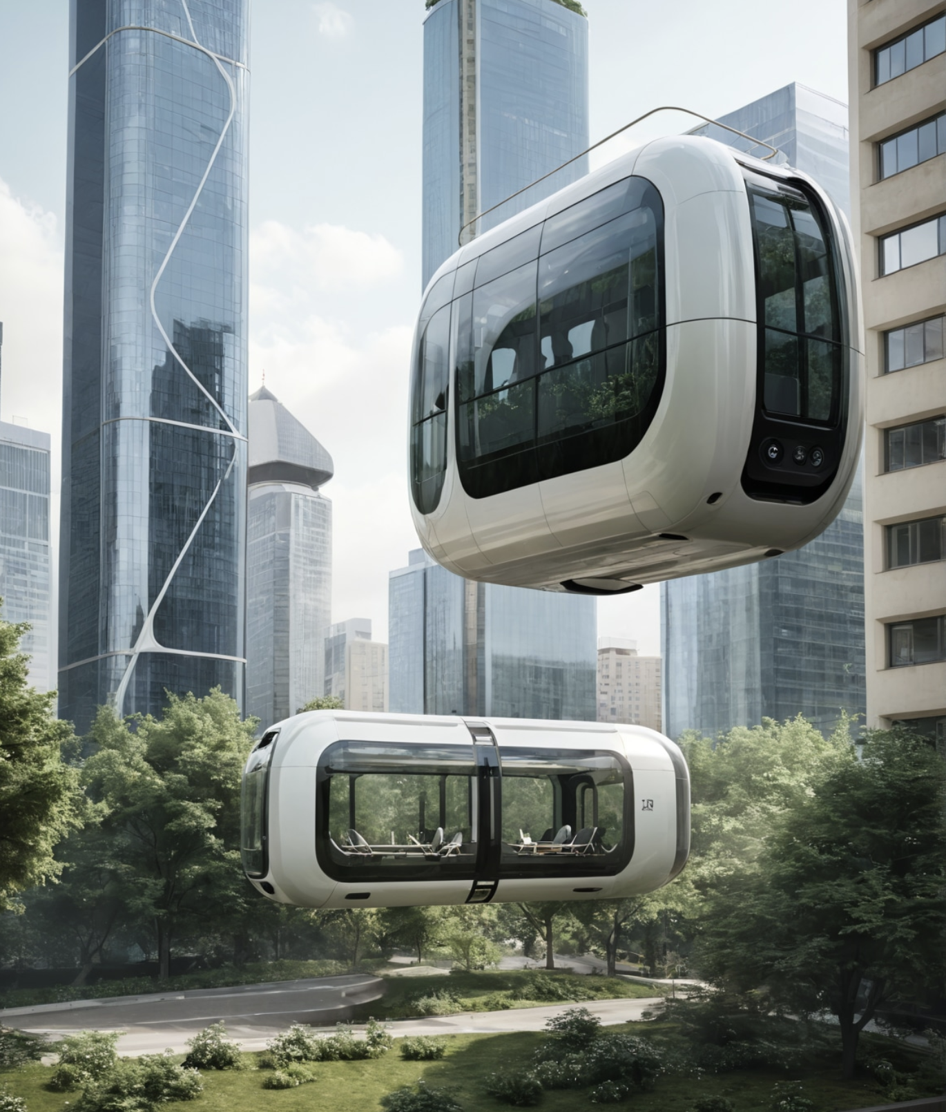 Futuristic urban scene with aerial pods and skyscrapers