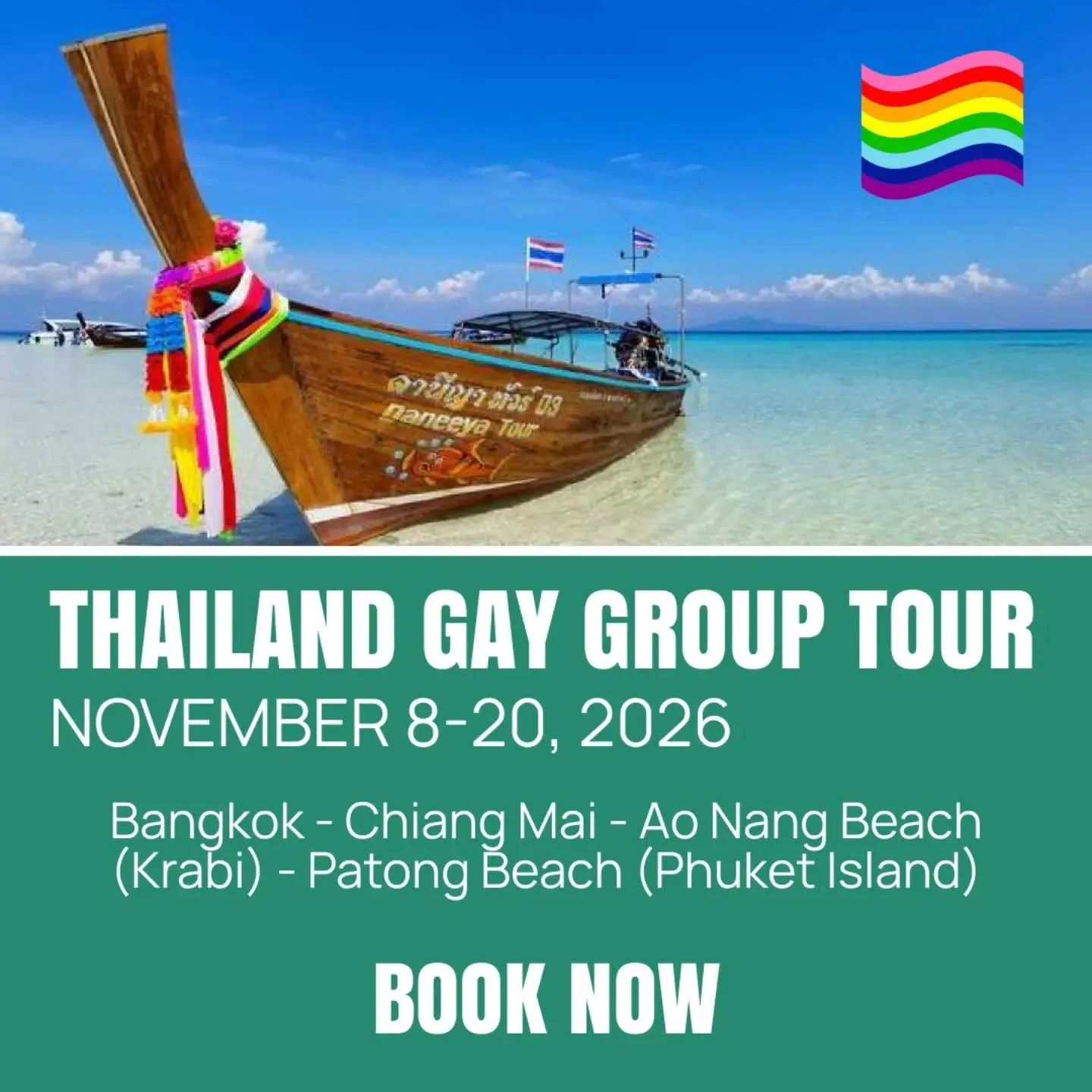🏳️&zwj;🌈 Get ready for an unforgettable adventure in Thailand! 🇹🇭 From the energy of Bangkok to the cultural heart of Chiang Mai, ending with the paradise beaches of Krabi and Phuket, this curated group journey blends culture, food, nature, and g