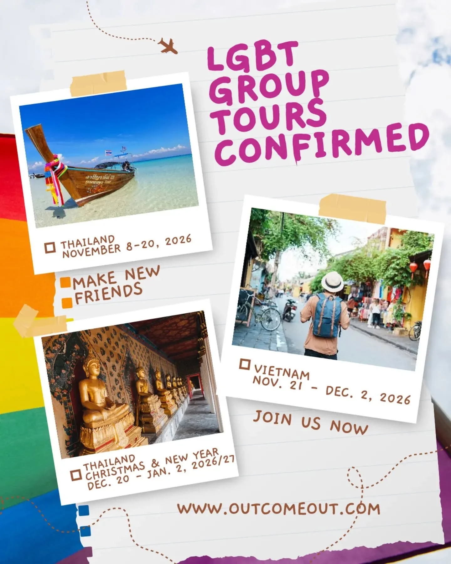 🏳️&zwj;🌈 These group tours are CONFIRMED 🏳️&zwj;🌈 

These trips are confirmed &mdash; they are happening. All that&rsquo;s missing is YOU 😎 

🌴 Thailand &mdash; November 8&ndash;20, 2026 

🌿 Vietnam &mdash; November 21&ndash;December 2, 2026 
