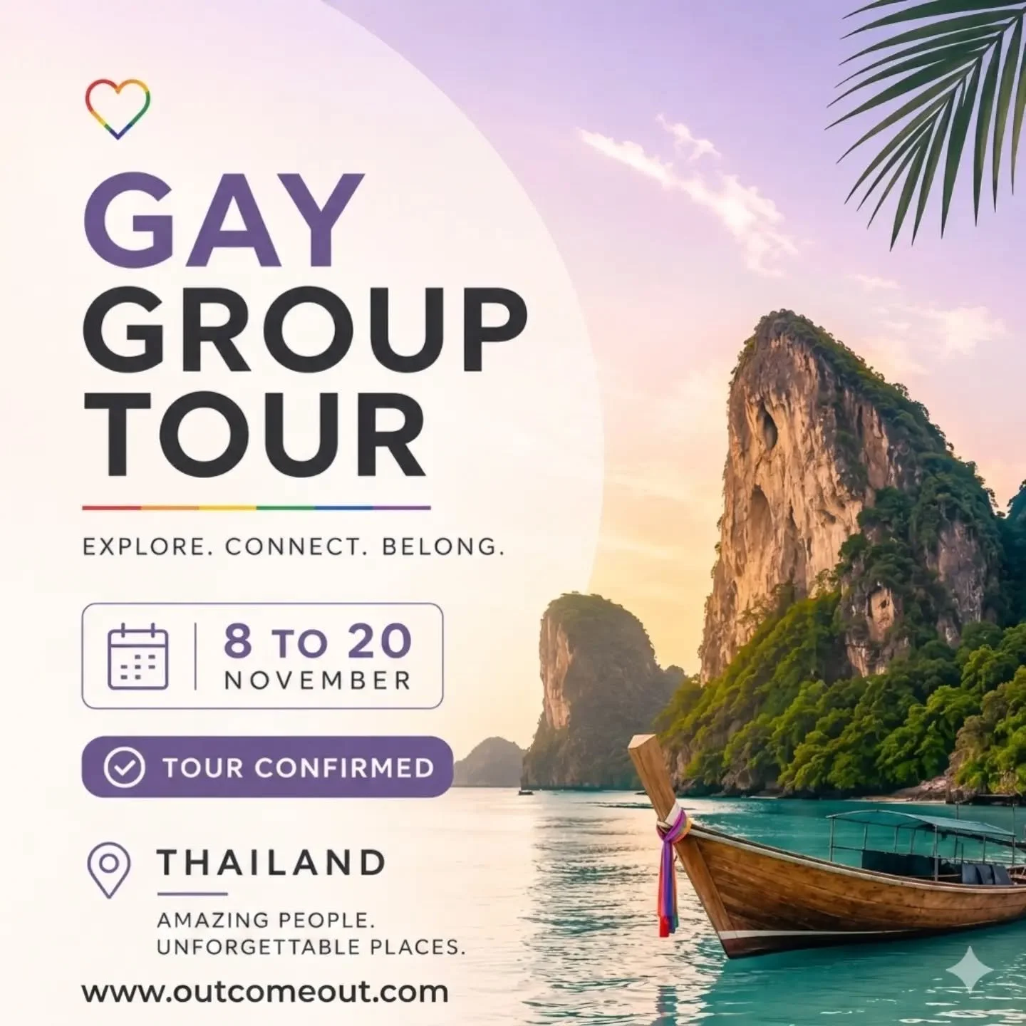 THAILAND ✈️ TOUR CONFIRMED 😎

🏳️&zwj;🌈 Travel Thailand in a curated gay group &mdash; meet, connect, explore together.

BANGKOK - CHIANG MAI - KRABI - PHUKET ISLAND

🗓 NOVEMBER 8-20, 2026

Book now! Limited spots available 😉

Visit www.outcomeou