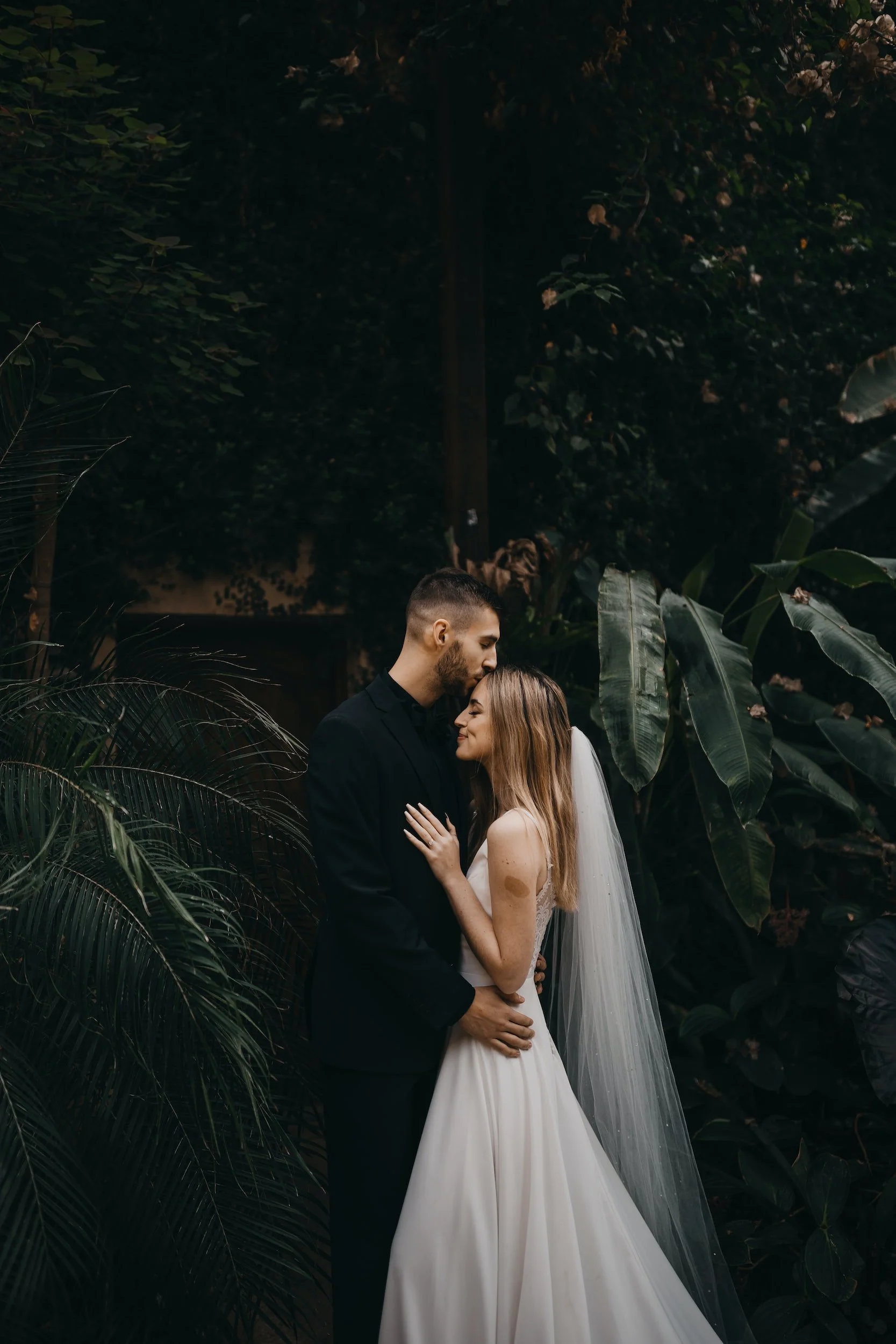 A wedding couple embracing in a lush, tropical garden with large green leaves, the groom in a black suit and the bride in a white wedding gown and veil.