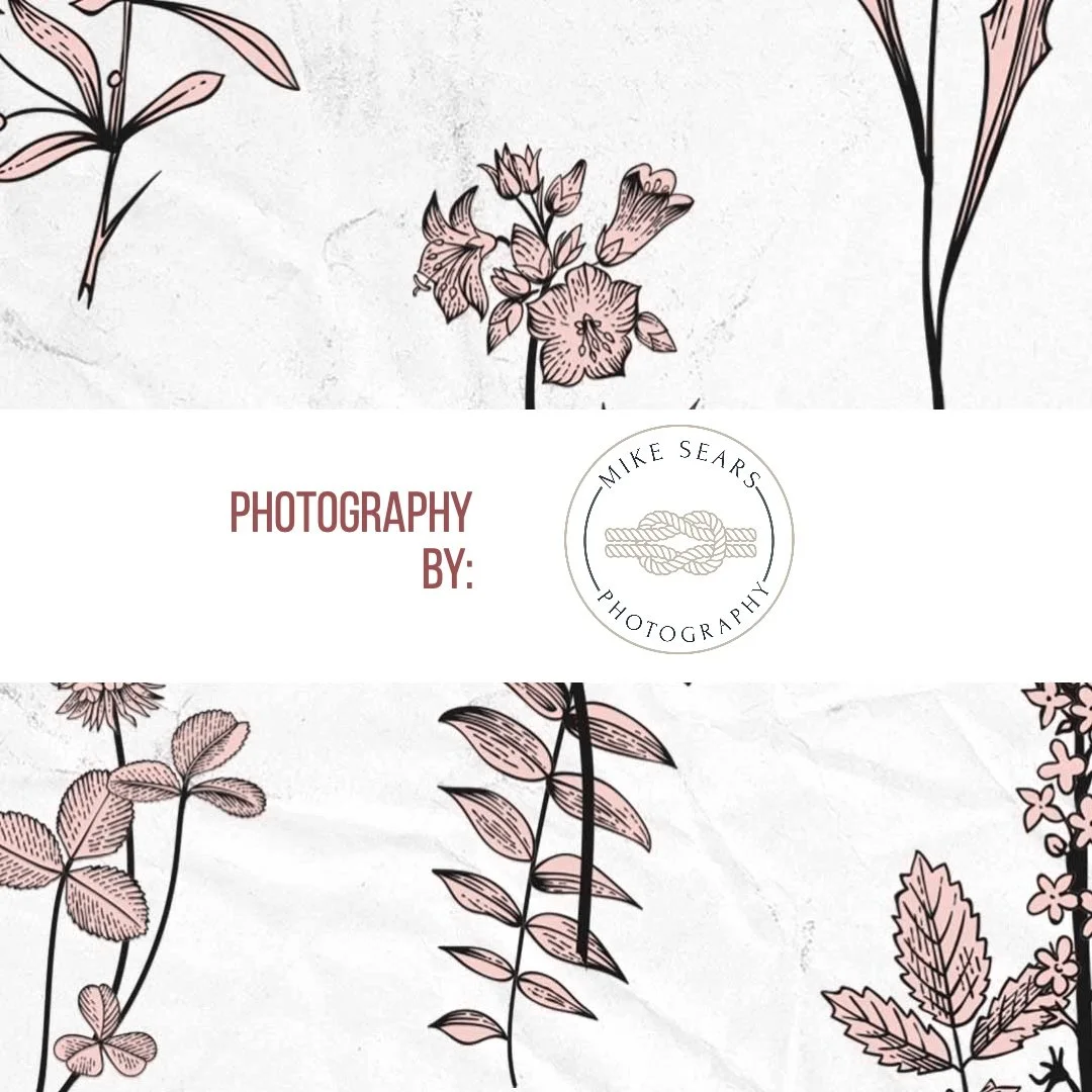 Floral background with pink and black line drawings of flowers and leaves, and a circular logo with a rope design and the name Mike Sears Photography.