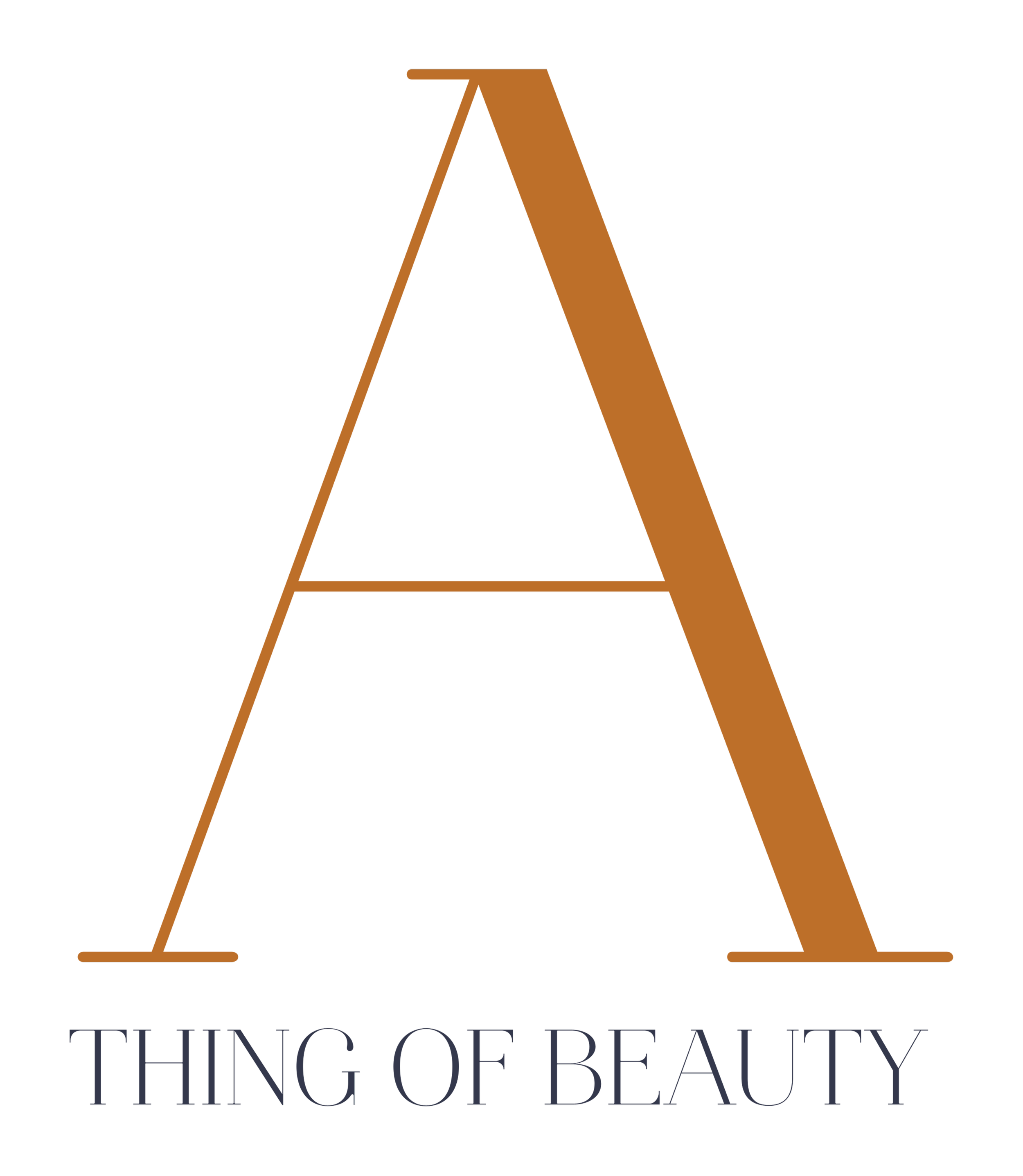 Large gold letter A with the words "Thing of Beauty" underneath in dark gray text.