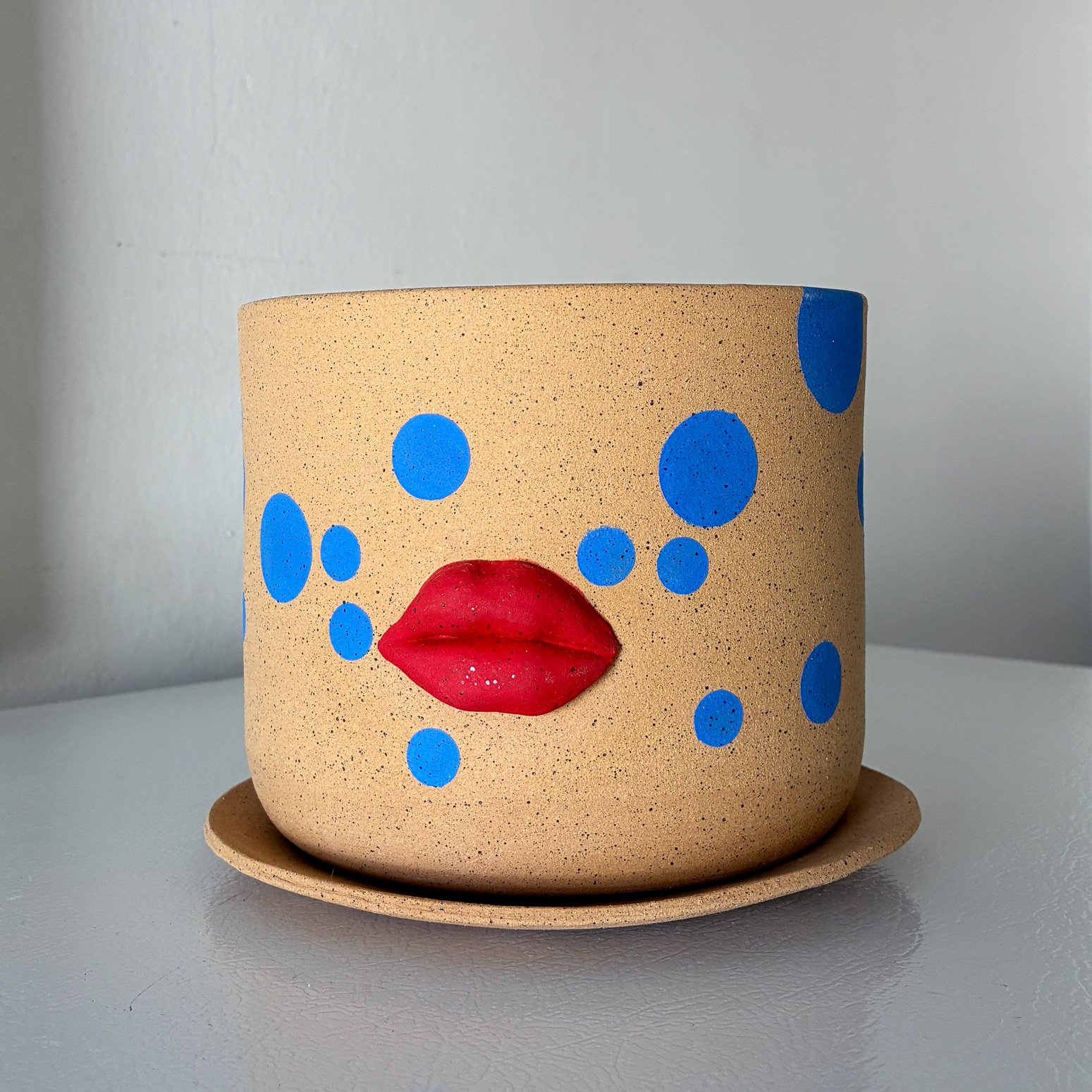 Blue Polka Dot Lips Planter