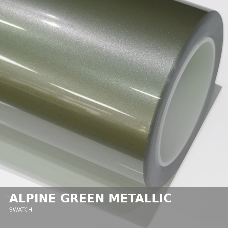 Close-up of a metallic vinyl wrap roll in alpine green metallic color.