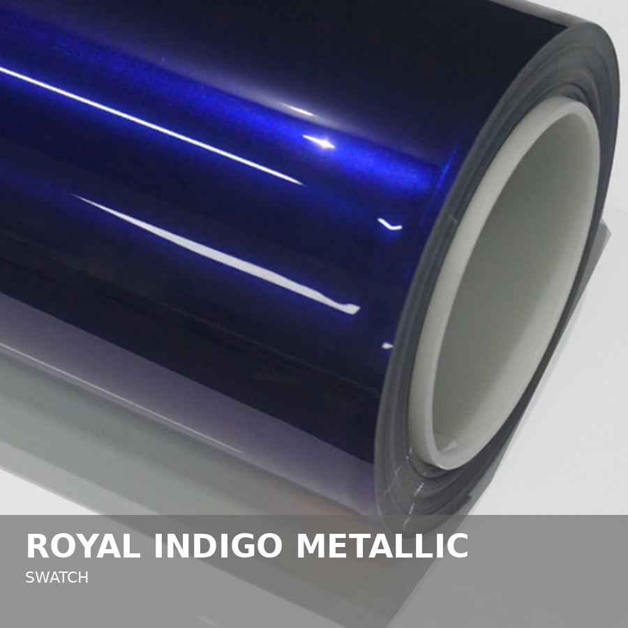Close-up of a roll of metallic vinyl wrap in royal indigo color.