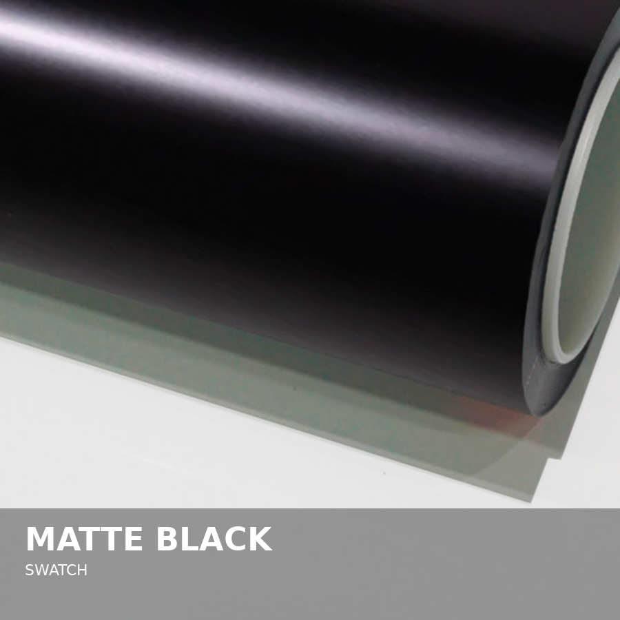 Close-up of a roll of matte black vinyl sheet material with a gray backing, labeled as "Matte Black" swatch.