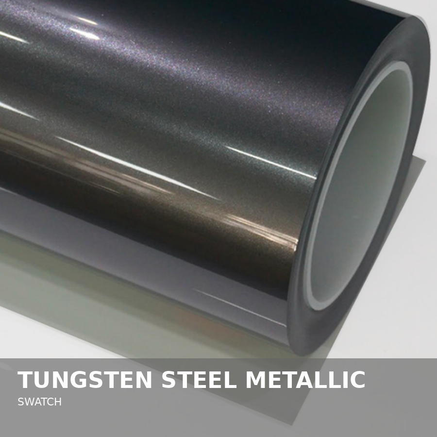 Close-up of a sheet of tungsten steel metallic swatch with a reflective, shiny surface.