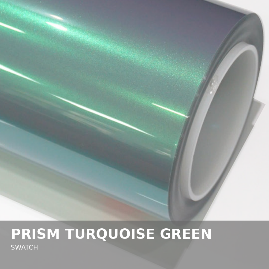 A roll of Prism Turquoise Green swatch vinyl or film with a shiny, metallic finish.