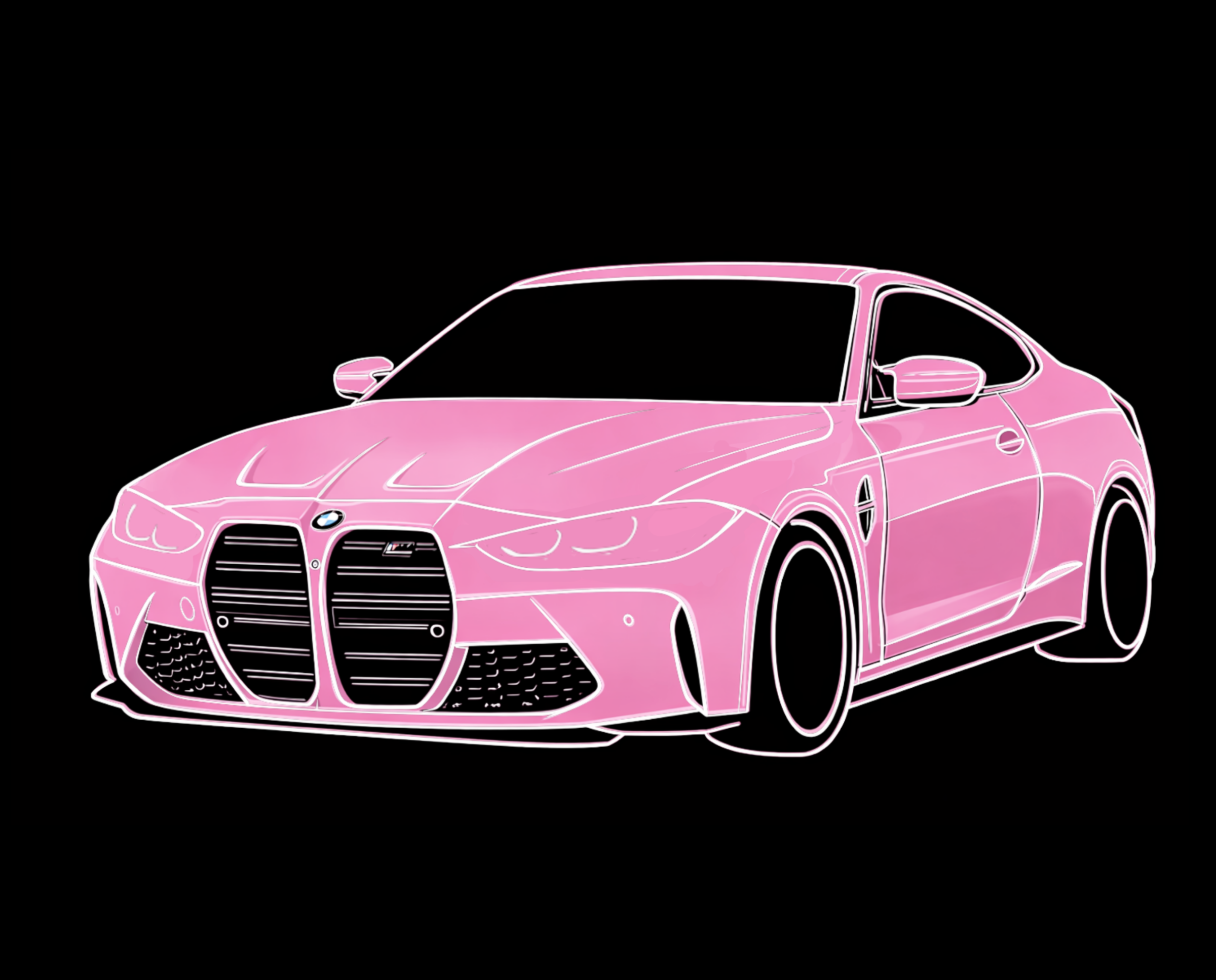 A stylized digital illustration of a pink BMW M8 coupe with a black background.