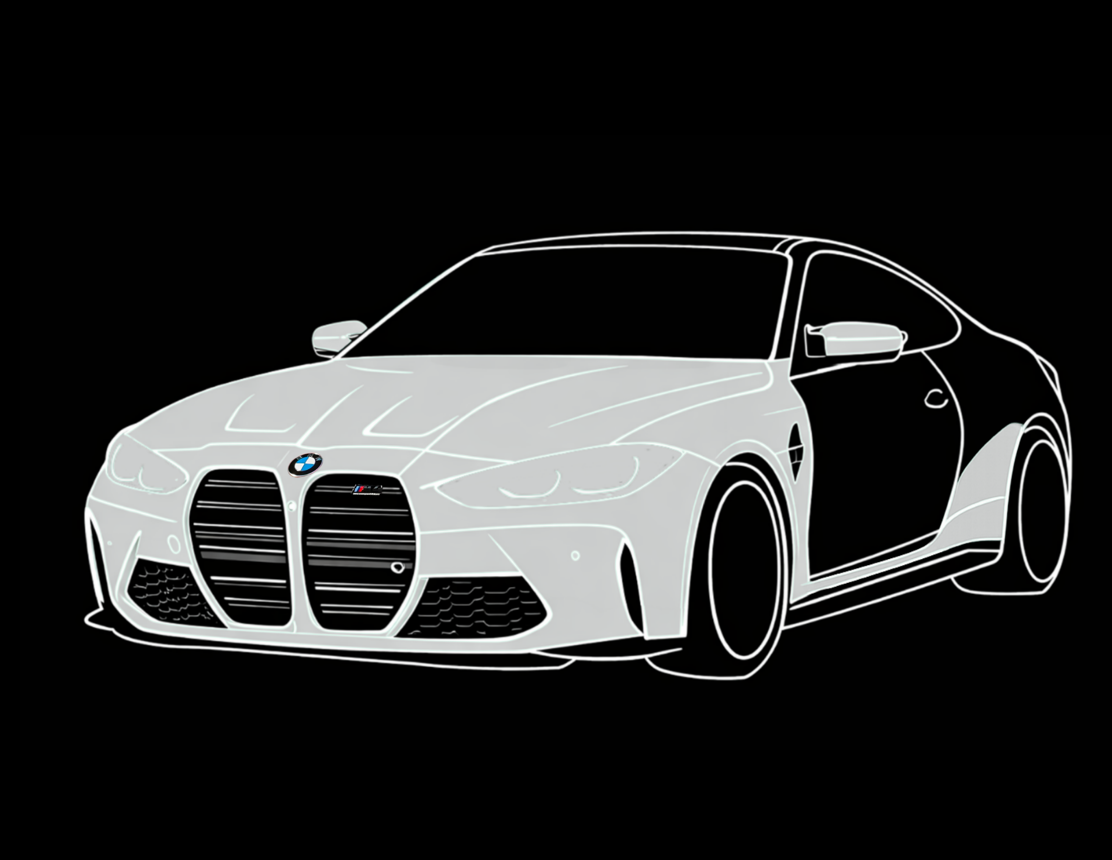 Outline of a white BMW M series sports car on a black background.