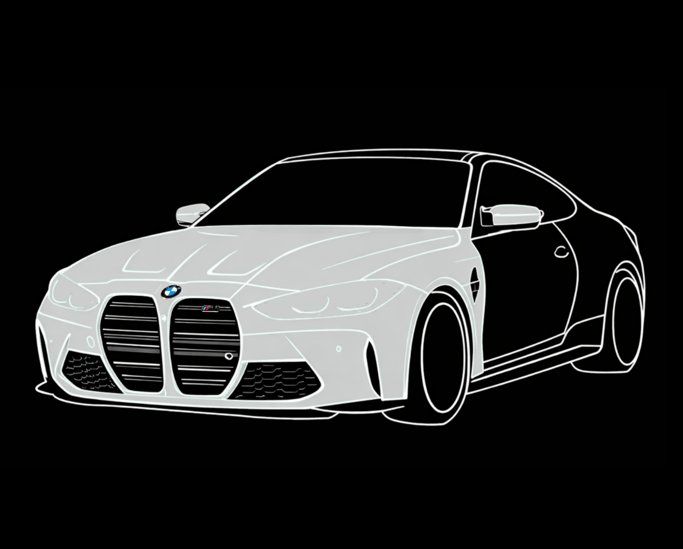 Line drawing of a white BMW M4 sports car with a black background.