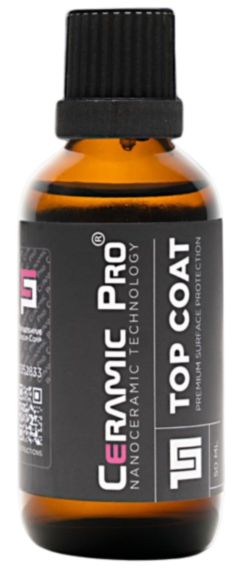 Amber bottle of Ceanic Pro Nanoceramic Top Coat surface protection with a black screw cap, black label with white and pink text.